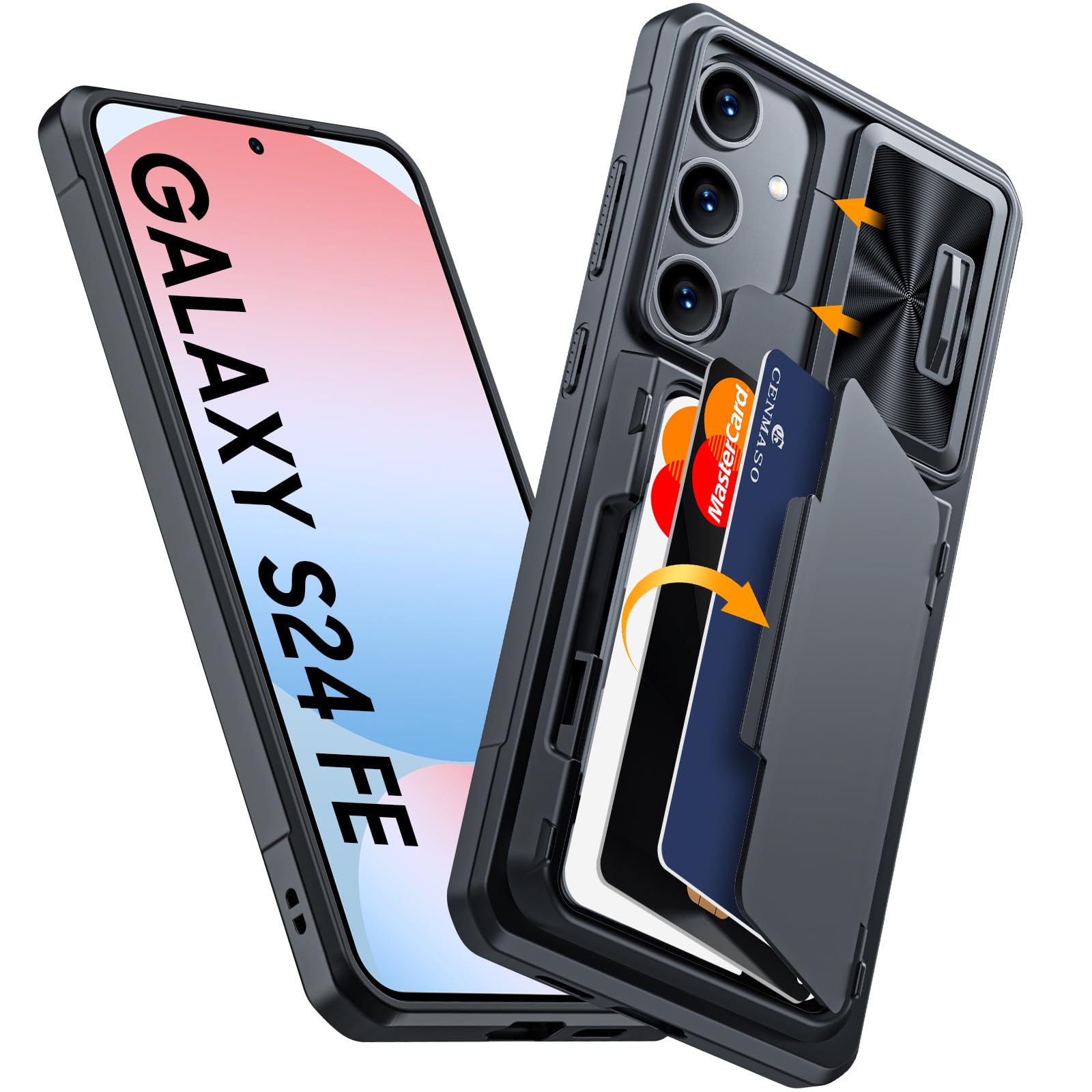 CENMASO for Samsung Galaxy S24 FE Case with Card Holder (3-5 Cards) Sliding Camera Cover & Kickstand【RFID Blocking】 Military Drop Protection & TPU Edge Wallet Case for Galaxy S24 FE-Black