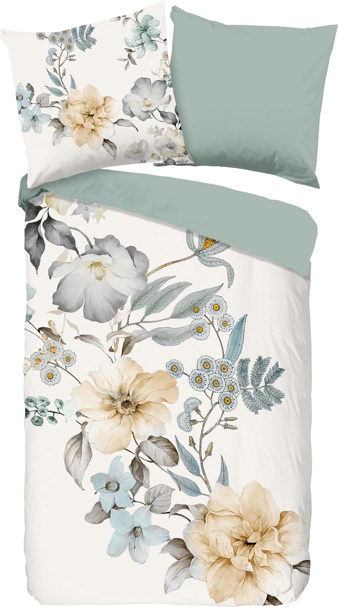 Good Morning Celina Renforcé Reversible Bed Linen Natural Jade Size 155 x 220 cm (80 x 80 cm)