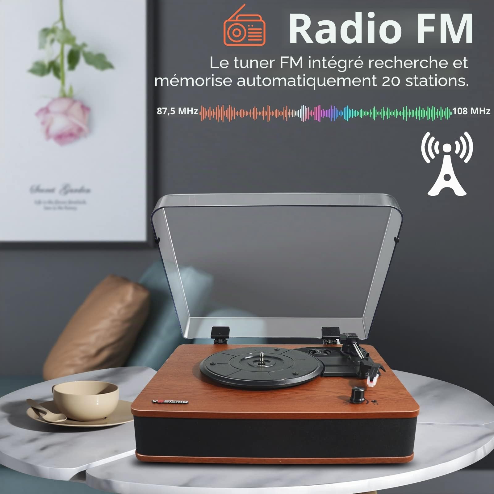 VOSTERIO Platine Vinyle Tourne Disque Bluetooth avec Haut-parleurs Stéréo, Rétro Lecteur Vinyles à 3 Vitesses, avec Encodage sur USB et SD, Radio FM, Entrée AUX, RCA, Affichage LED
