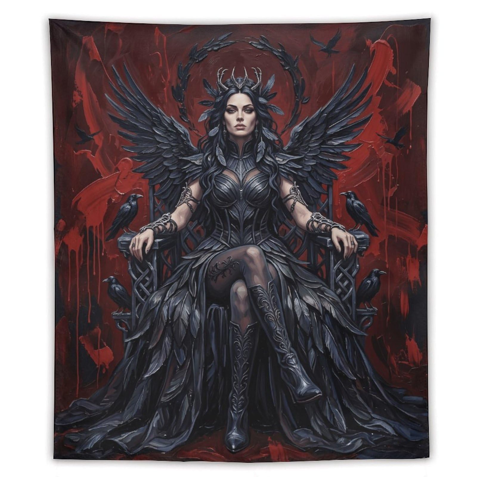 W7C8U2X3 Raven Queen Red Throne Wall Tapestry, Gothic Bird Symbol