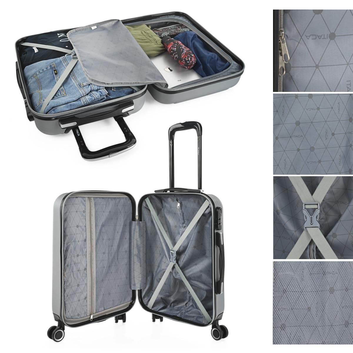 ITACA - Maleta de Cabina 55x40x20 de Viaje rígidas Trolley con 4 Ruedas Dobles para Avion Ligera Equipaje de Mano candado de combinación., Plata — view 4