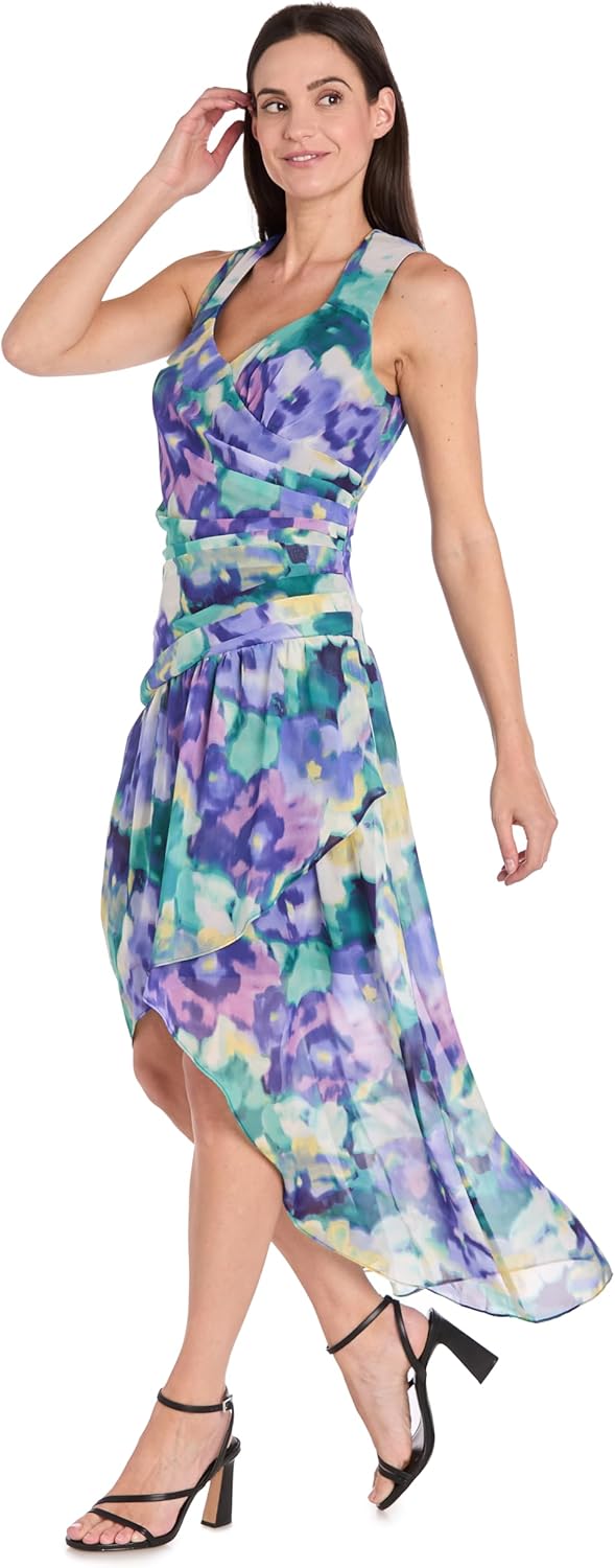 R&M Richards Women's Floral Chiffon Hi-Low Faux Wrap Dress W/Ruffle Straps & Back Zipper - Image 3