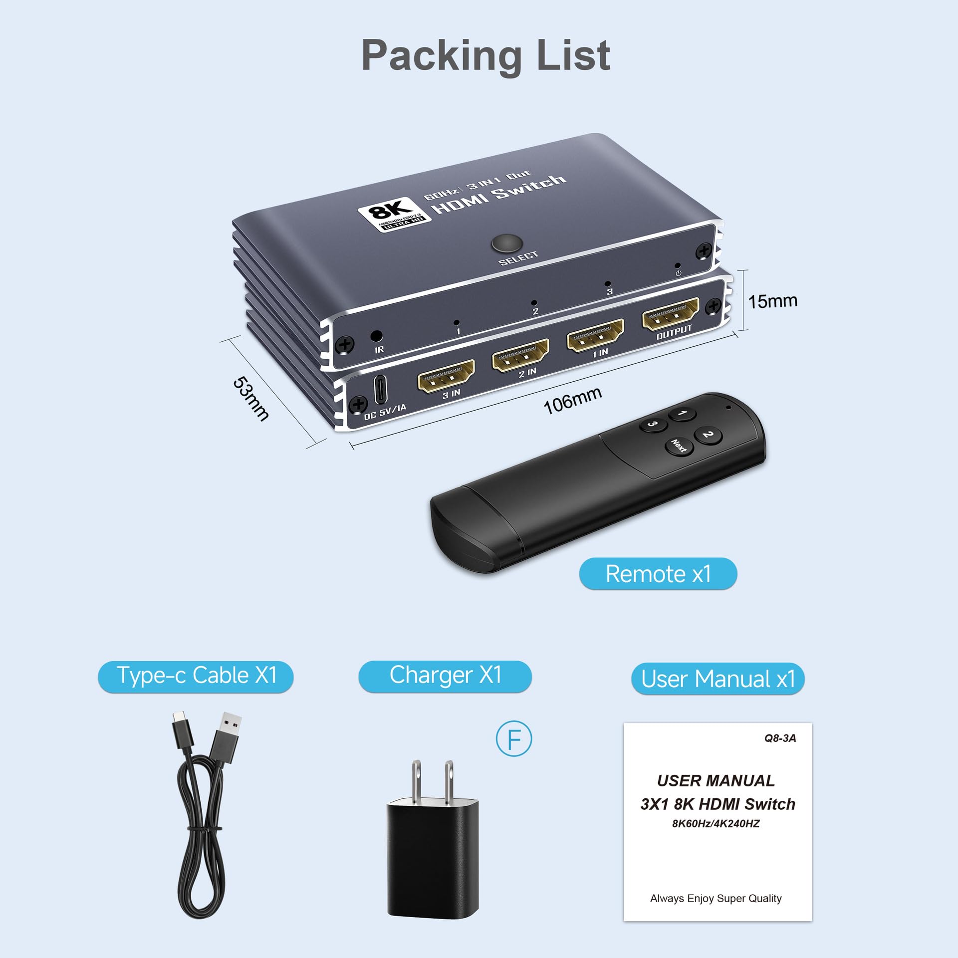 Switch HDMI 7 porte 8K @60Hz 4K @240Hz Switch HDMI 7 in 1 Out, HDMI 2.1 Switcher supporta CEC e memoria di spegnimento (7 in 1 out)