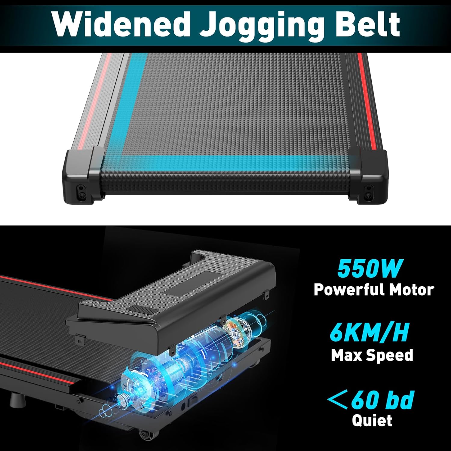 Diagram highlighting the widened jogging belt and powerful 550W motor