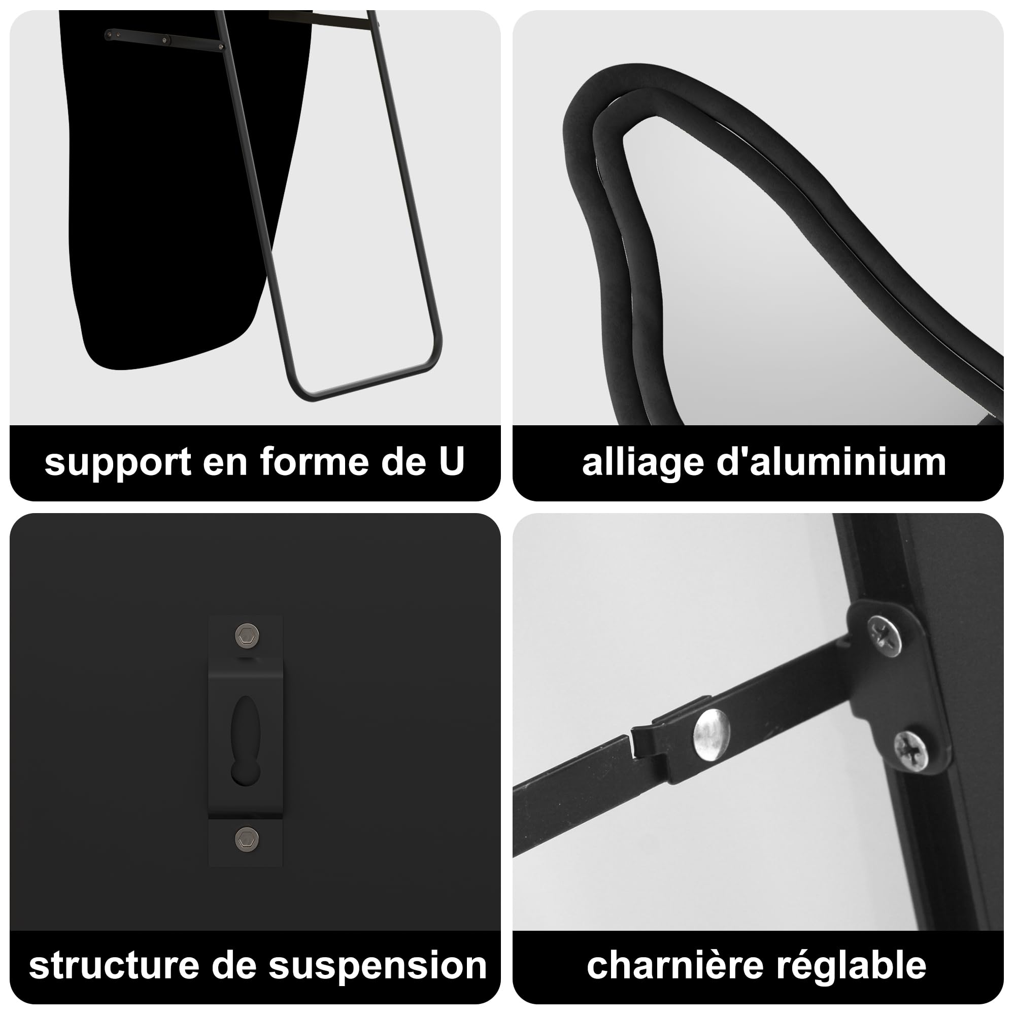 Grand Miroir Noir 160x50 cm, Miroir sur Pied au Mural ou à Suspendre, Miroirs Organique avec Support en U, Miroirs ondulés Moderne pour Dressing, Salon, Chambre, Couloir