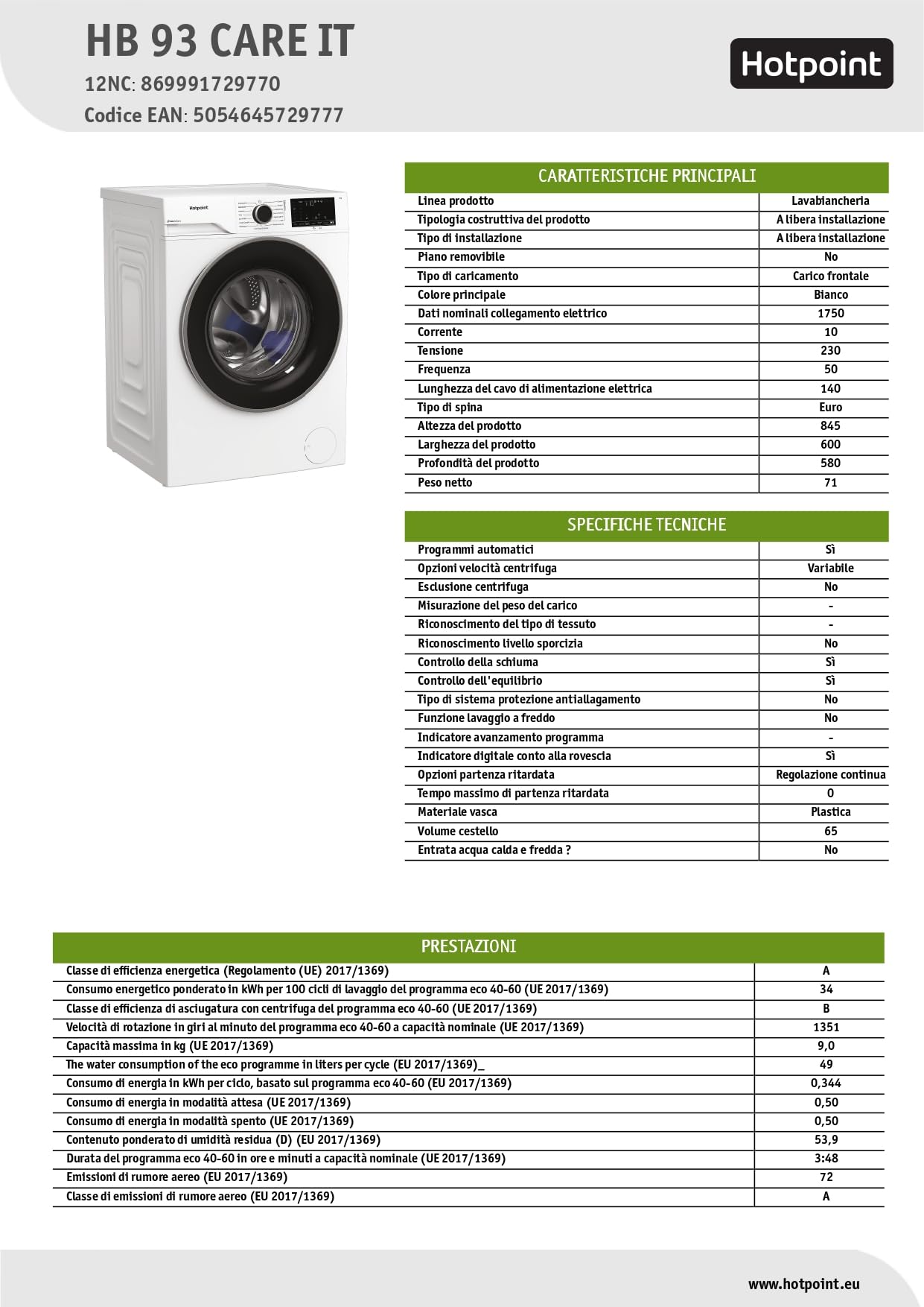 Hotpoint Ariston HB 123 CARE IT – Lavatrice 12 Kg Libera Installazione, Carica Frontale, 1400 giri/min, Classe A-30%, PetHair Care, FabricCare, ColorCare, SteamCare, Anti Macchia – Bianca 84,6 x 59,8