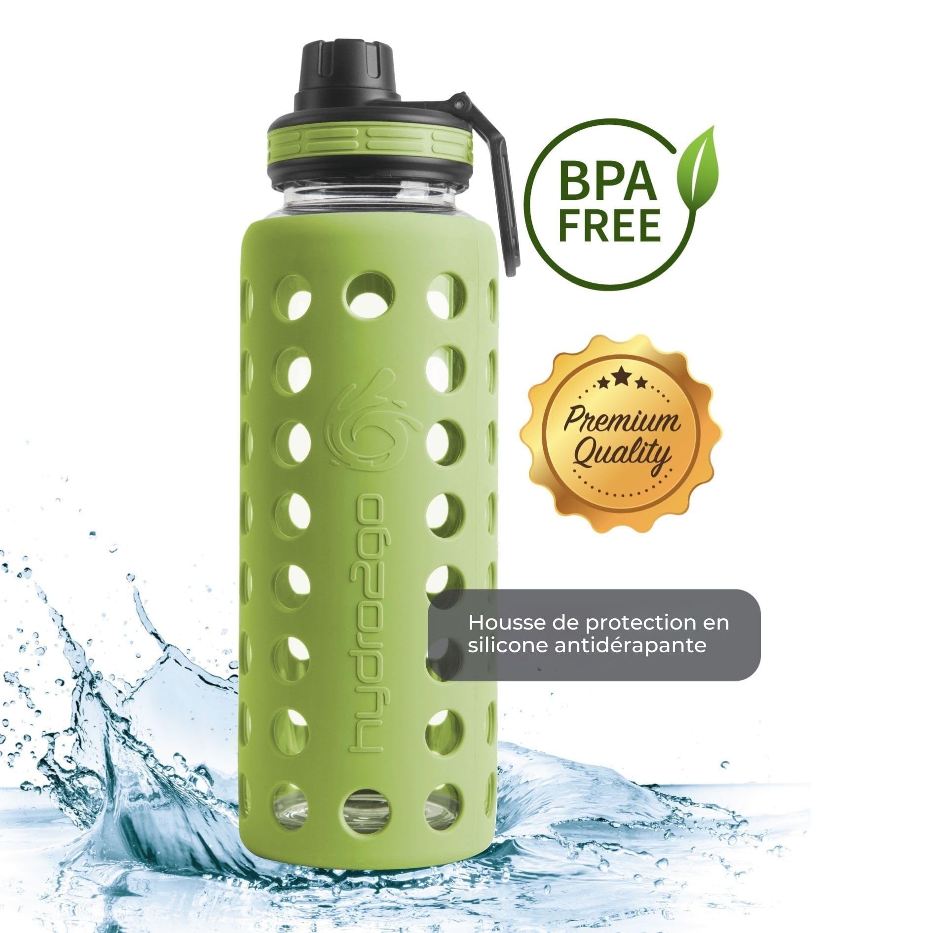 Hydro2Go® Gourde en Verre avec Couvercle en Silicone 950 ML - va au Lave-Vaisselle | 2 couvercles interchangeables | 100% étanche