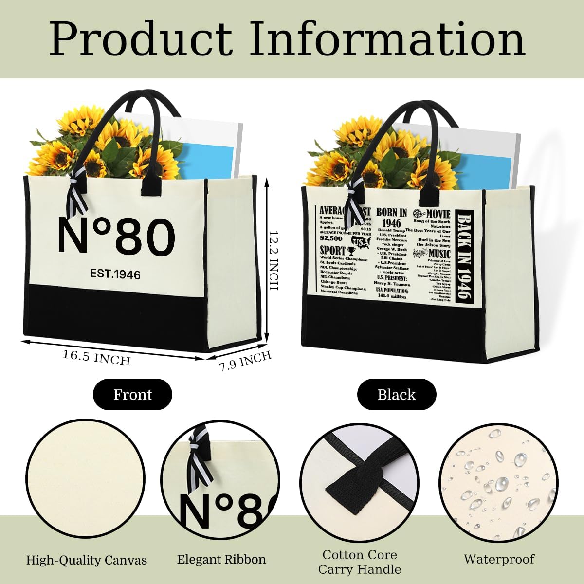 30th/40th/50th/60th/70th/80th Birthday Gifts for Women Reusable Travel Shopping Canvas Handbag Grocery Bag - Image 4