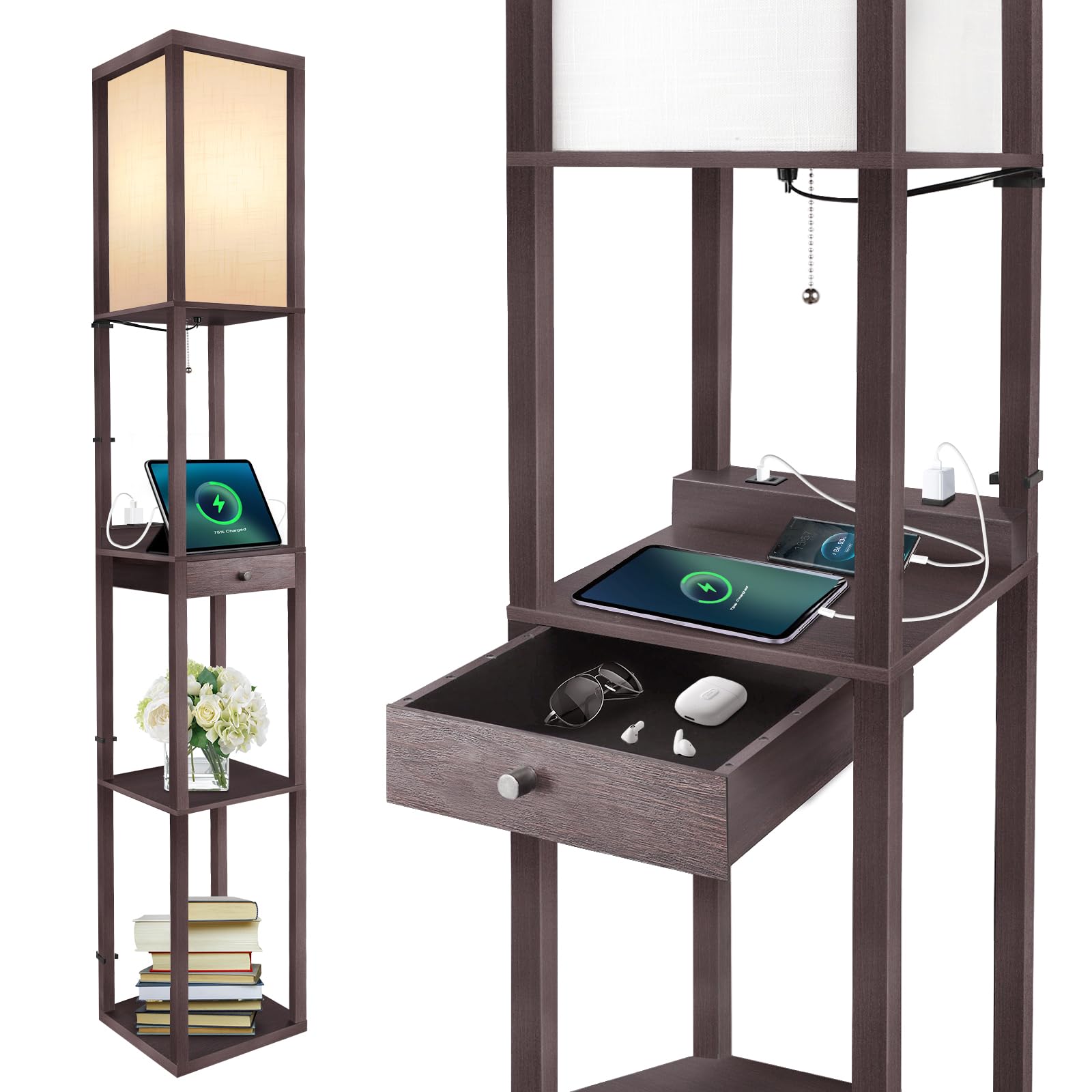 Image showing the lamp's charging station with USB-C, USB-A, and AC outlets in use.