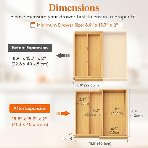 Miniatura 3 de Lifewit Organizador de cajones de utensilios, bandeja de cubiertos de cocina prescindible para cajón de cocina, soporte ajustable de bambú para