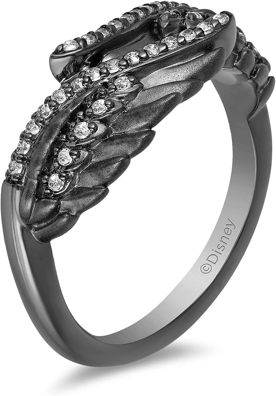 Jewelili Enchanted Disney Fine Jewelry Sterling Silver With Black Rhodium 1/6 Cttw Diamond Maleficent Wings Ring