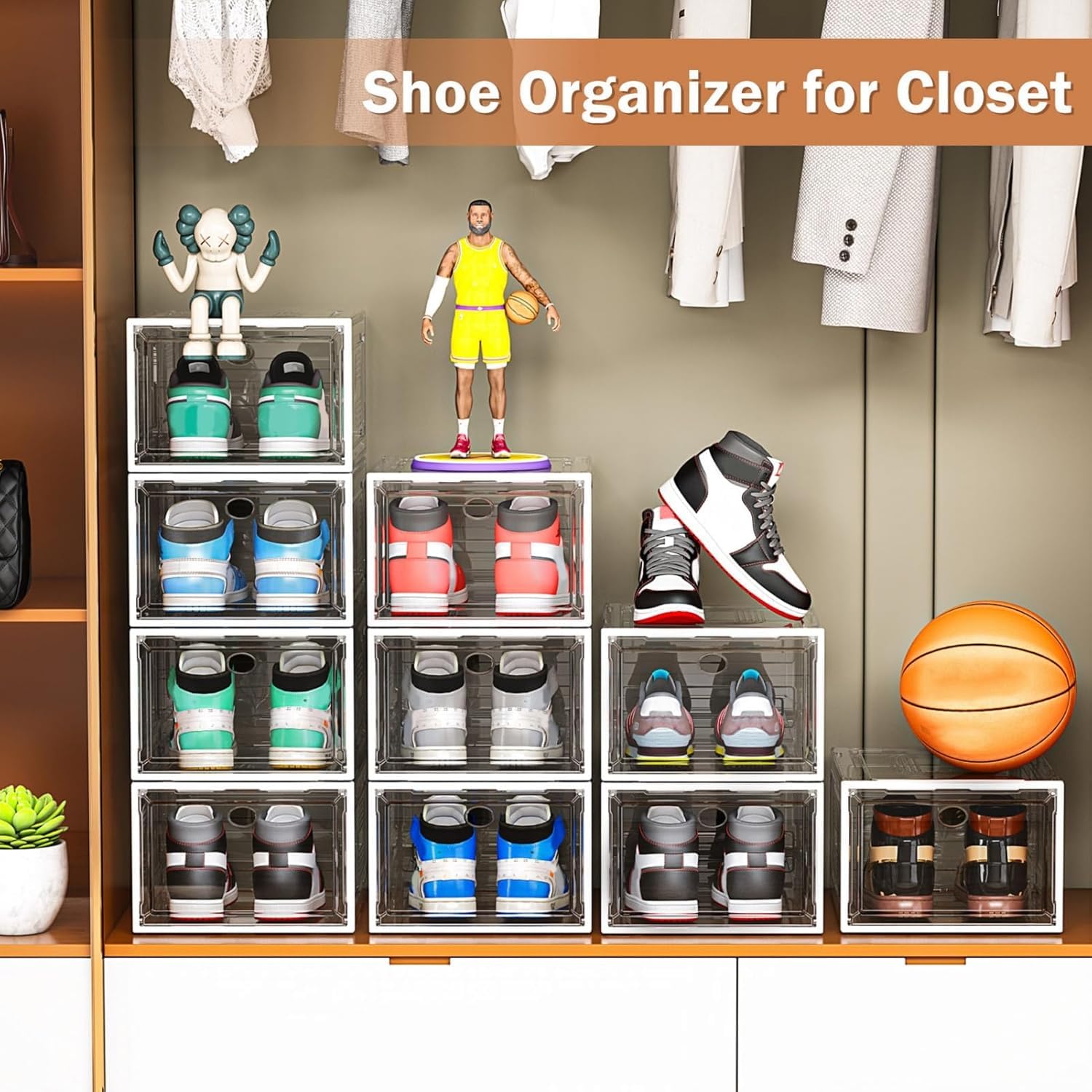 cakraie Lot de 10 organiseurs de chaussures épais empilables, robustes avec porte magnétique, conteneurs à chaussures pour baskets, organisateur de chapeaux, blanc