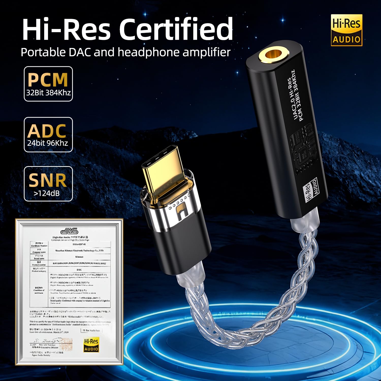 Adattatore per cuffie da USB C a DAC da 3,5 mm con doppio chip CX31993 e MAX97220, amplificatore di decodifica portatile ad alta risoluzione 32bit/384 kHz, con cavo OCC placcato argento per iPhone