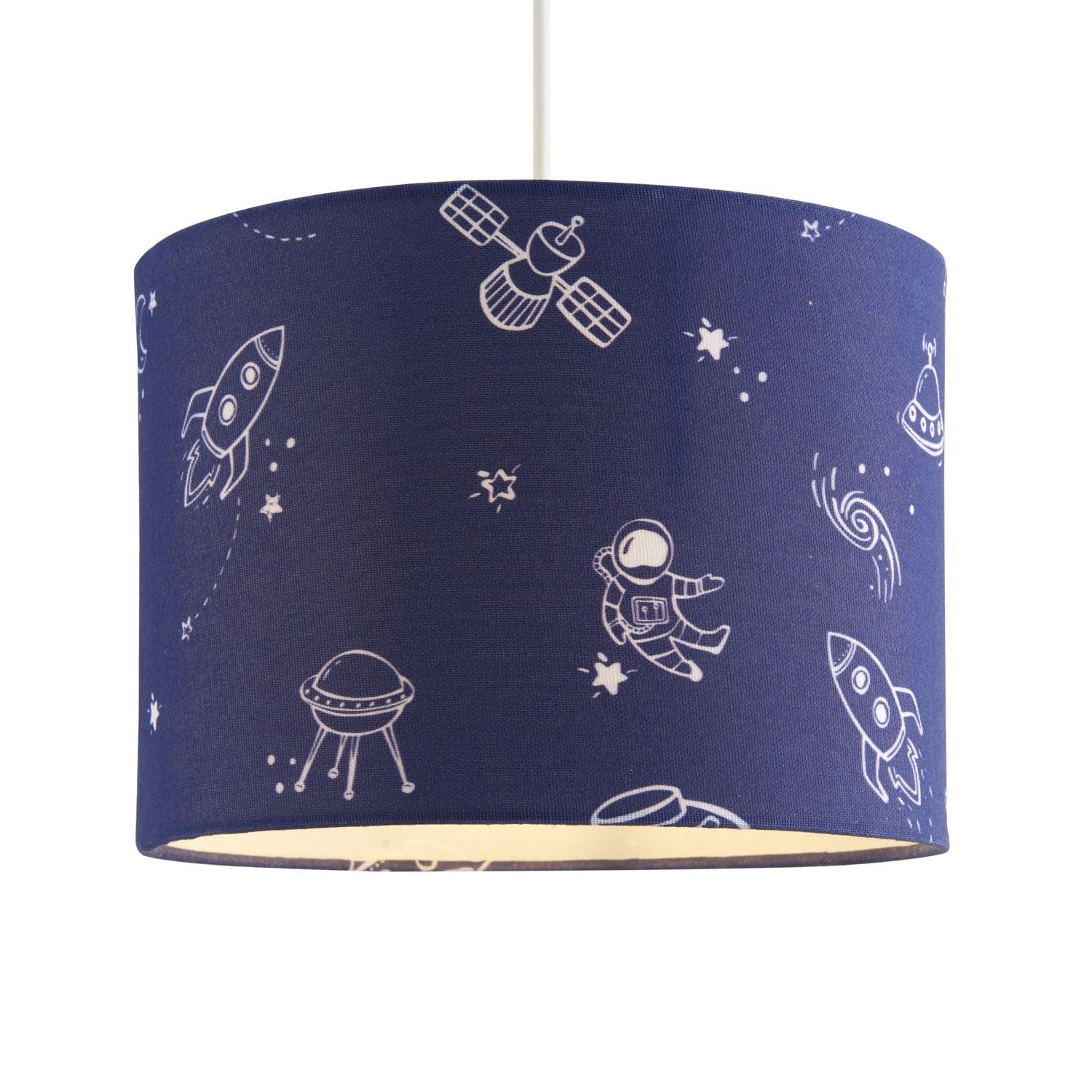 Spaceman Rocket Design Easy Fit Ceiling Lightshade, Navy Blue Space Pendant Shade, Boys Girls Bedroom Nursery Lightshade