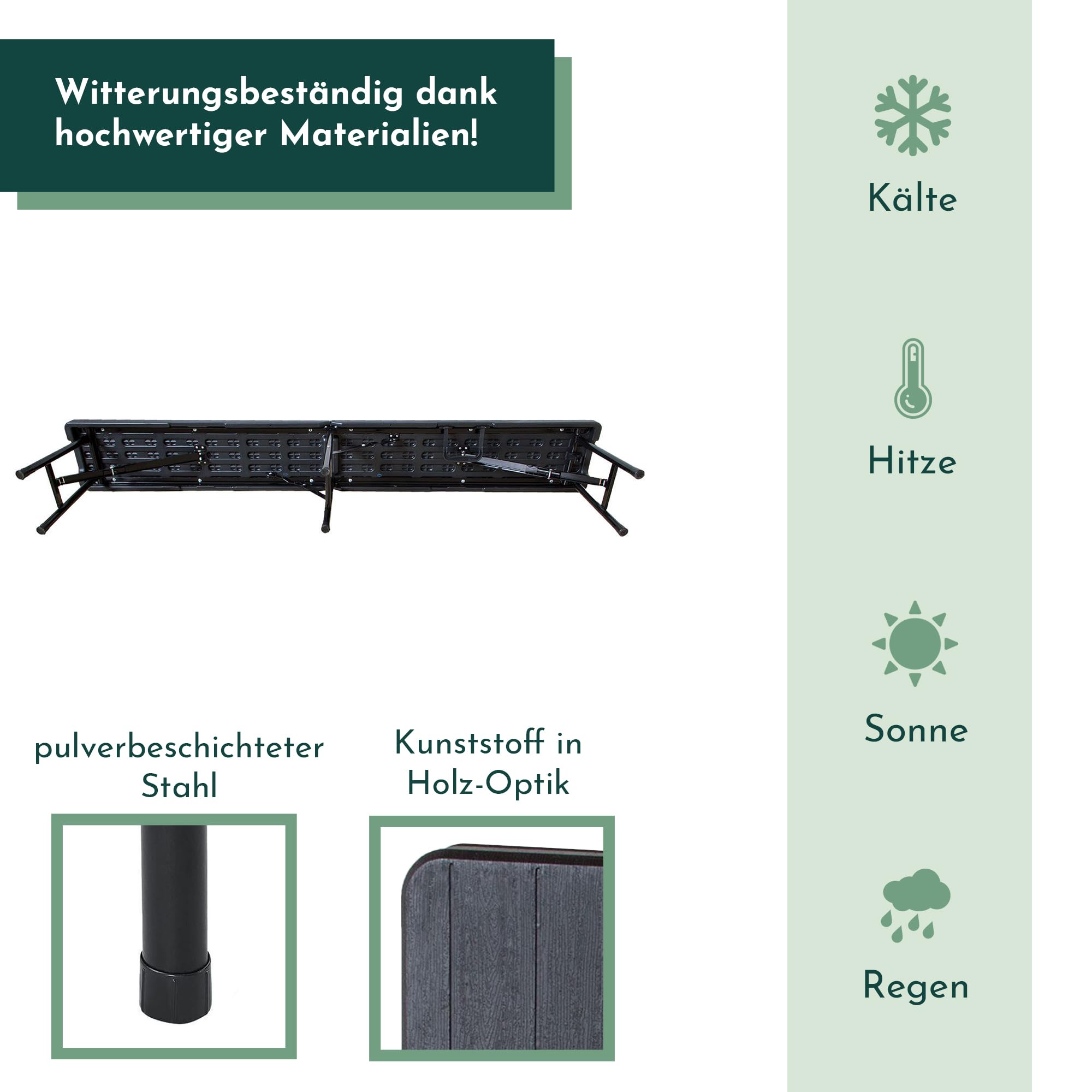 Lemodo Klappbank 2er Set – klappbare Bierbank 180 x 25 cm, bis 400 kg pro Bank belastbar, stabile Sitzbank für Garten, Camping und Feste, Holzoptik, platzsparend mit Tragegriff für 4 Personen