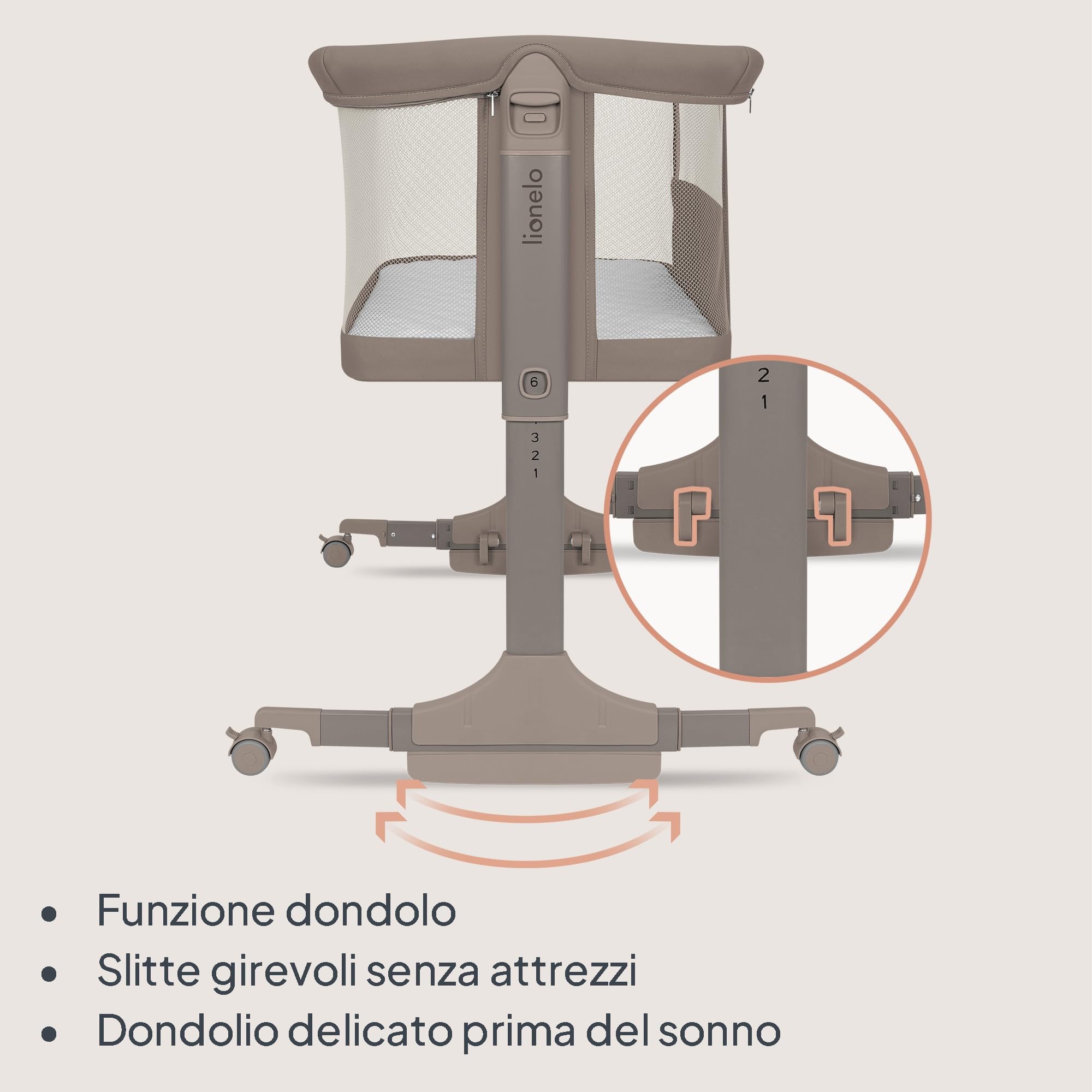 lionelo PARI Culla Co Sleeping Fianco Letto 3 in 1, Regolabile in Altezza 6 Livelli, Materasso T25 2 cm, Ruote con Blocco e Dondolo, Gambe Regolabili per Letto Continentale, Rivestimento Lavabile