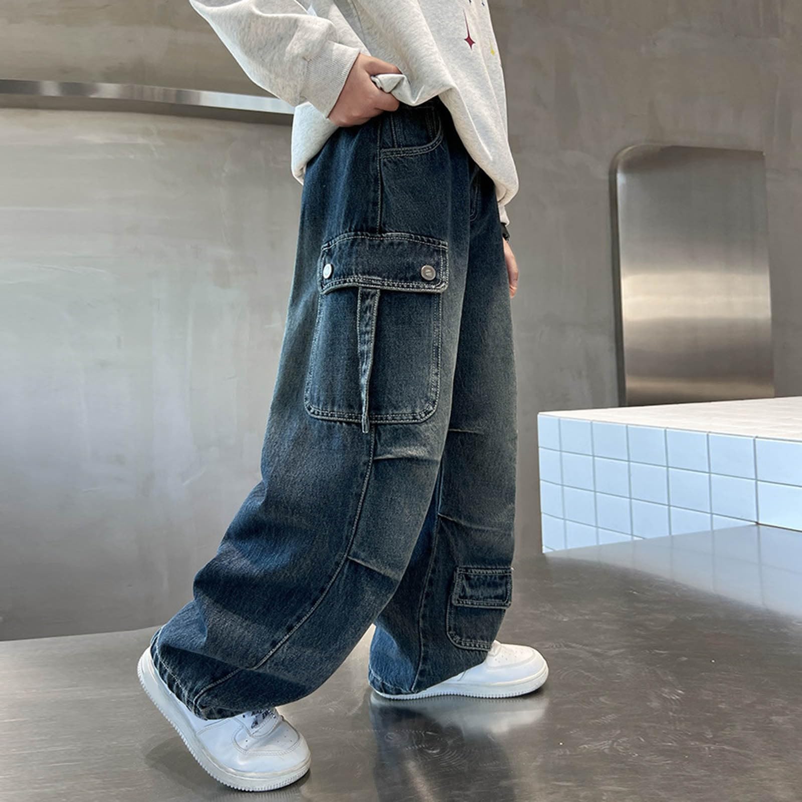 Generico Jeans Baggy Ragazzo - Pantaloni Cargo Casual in Denim per Ragazzi Pantaloni Larghi alla Moda per Le Stagioni Autunnali Pantaloni Lunghi Comodi per Bambini Outfit Elegante