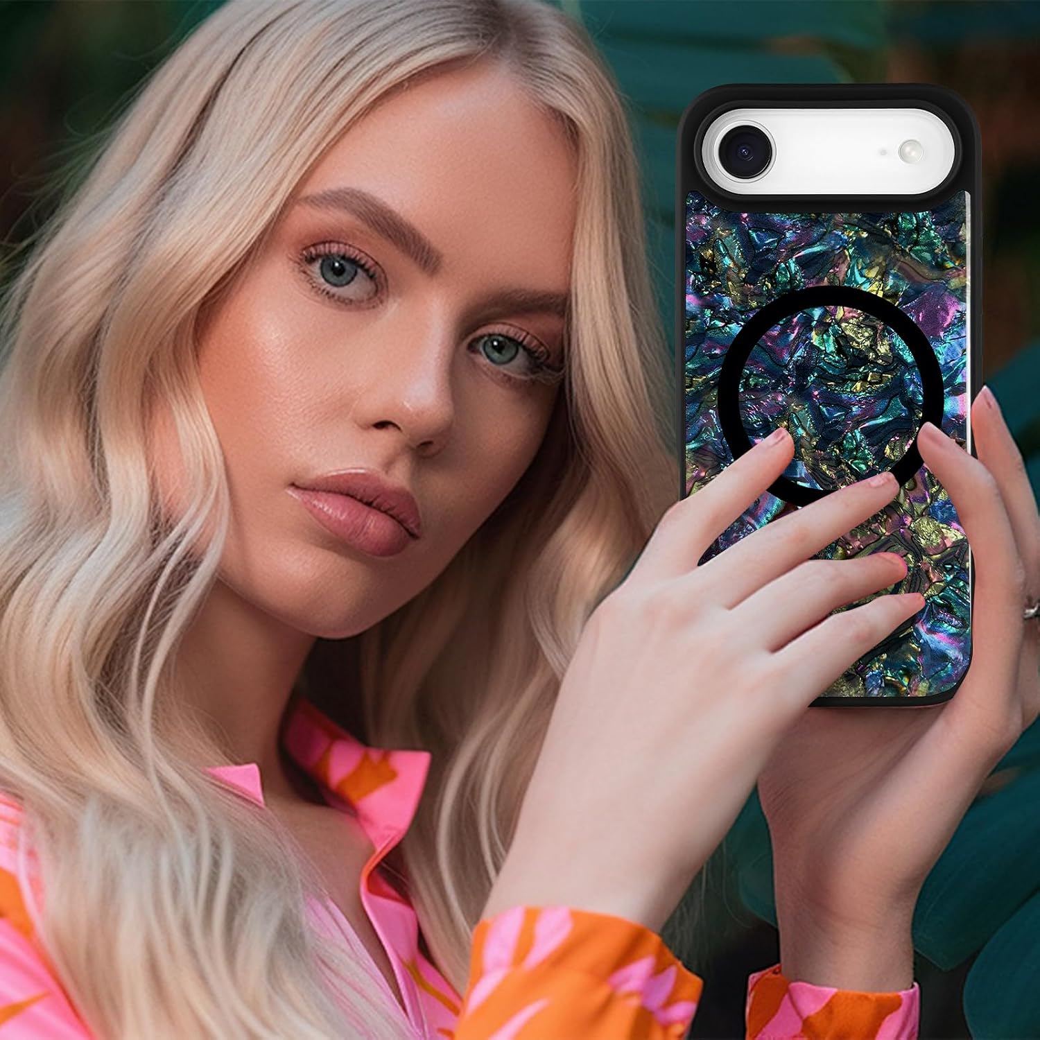 Magnetic for iPhone Air Case, Luxury Colorful Abalone Shell Phone Case for Women Men, Compatible with MagSafe, Cute Sparkle Glossy Shockproof Protective Cover, Classic Black