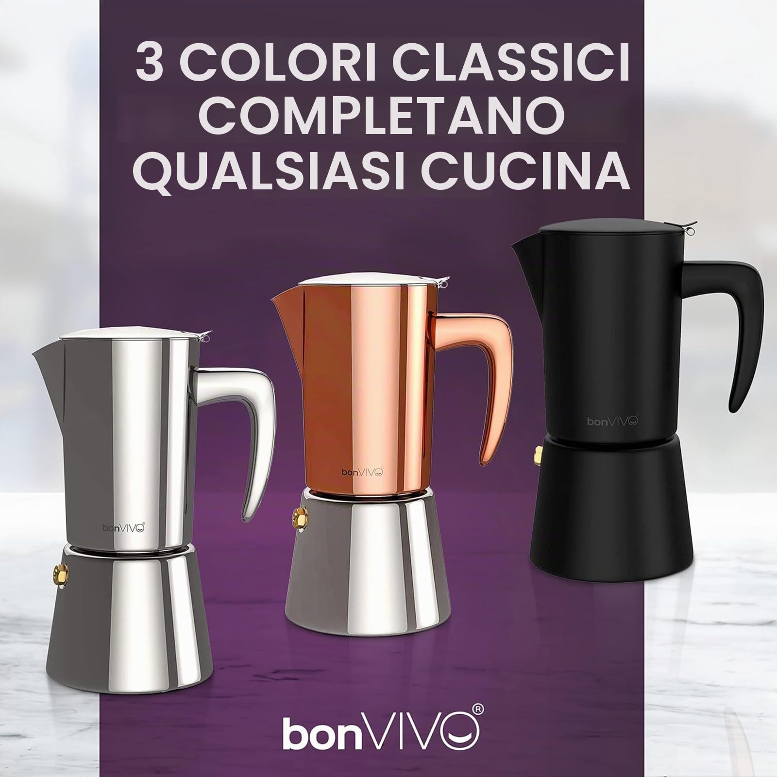 bonVIVO Moka a Induzione 6 Tazze 300 ml in Acciaio Inox Rame | Compatibile con induzione, gas e vetroceramica, acciaio inox, capacità 300 ml, design elegante color rame