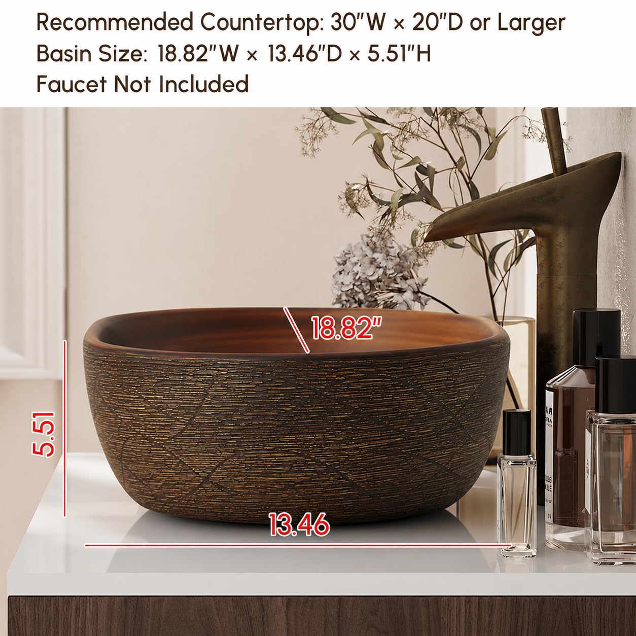 Homary Lavabo da bagno a bacinella, 47,8 cm, ovale, in ceramica, stile retrò, da appoggio sopra il piano, senza scarico pop-up
