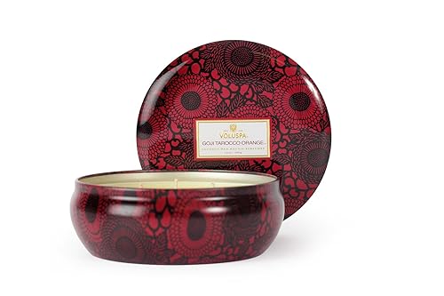 Voluspa Goji y Tarocco naranja 3 mecha vela en lata decorativa 12 onzas