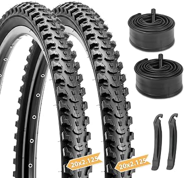Hycline Mountain Bike Tires Set 2-Pack 20/24/26x2.125 Inch Folding Replacement High-Density Bicycle Tires and Pair Inner Tubes with Tire Levers Compatible for Street & Off-Road Riding