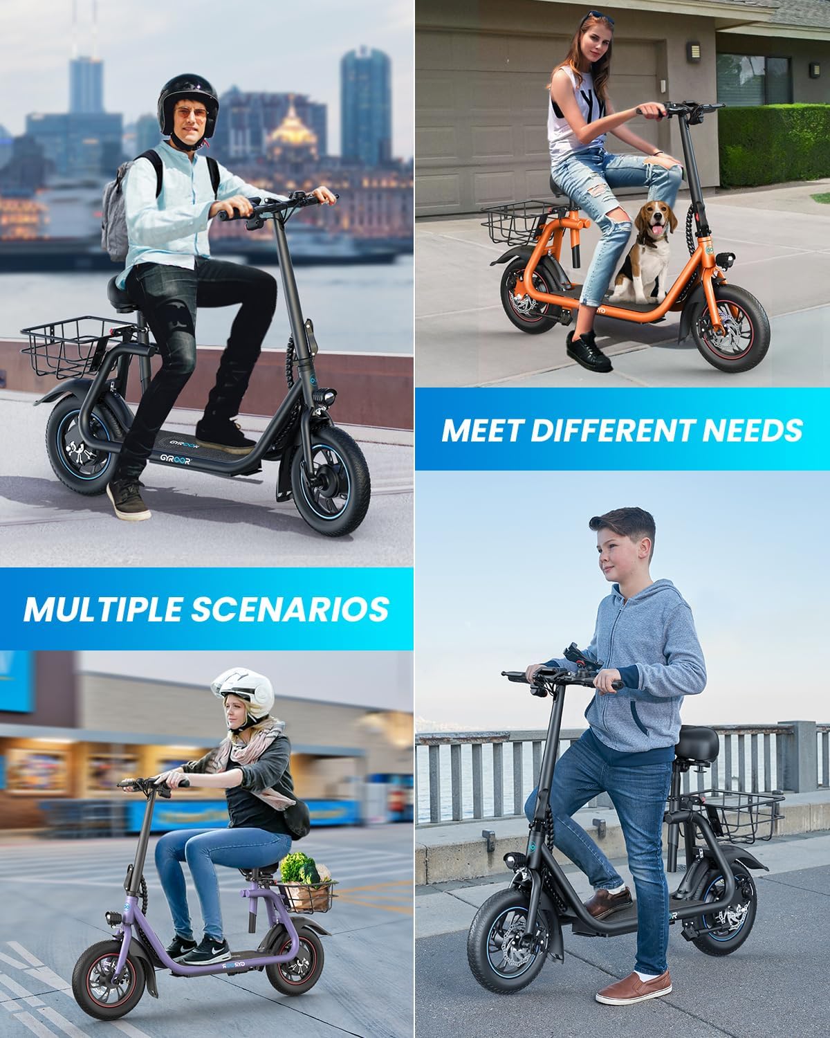 Four images showing different people riding the Gyroor electric scooter in various outdoor settings, demonstrating its versatility for different users and scenarios.