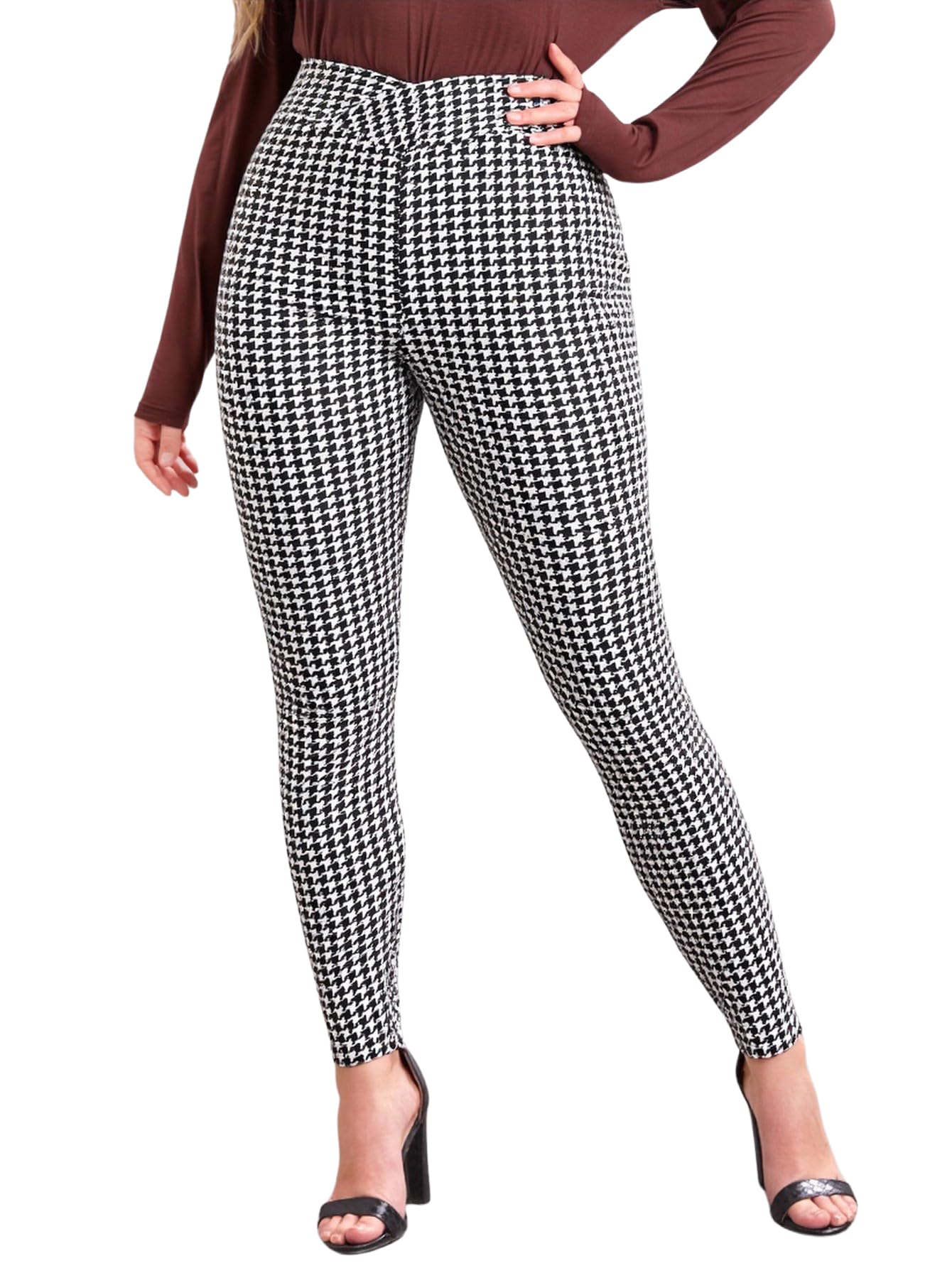 Floerns Womens Plus Size Plaid Pants Leggings Stretchy Elastic Waist Work Skinny Pants
