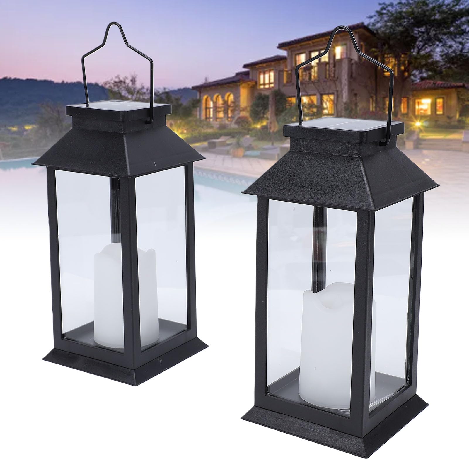2pcs Lanterne Solari da Esterno con Candela LED Sfarfallegiante, Lanterne