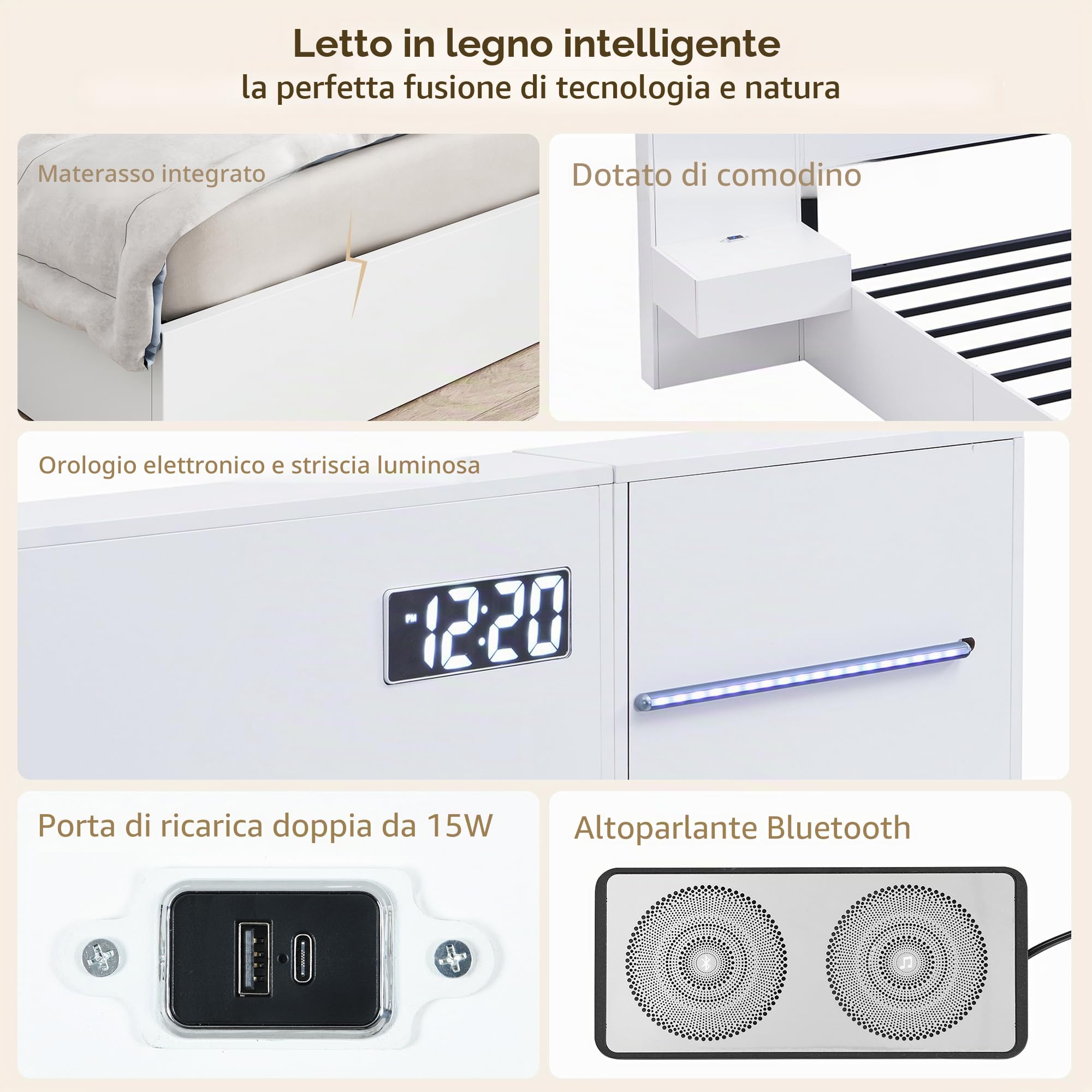 Letto Matrimoniale 180x200 con 2 Comodini e Testiera, Letto Una Piazza e Mezza con Bluetooth, USB, Luci Ambientali, Bianco (Senza Materasso)