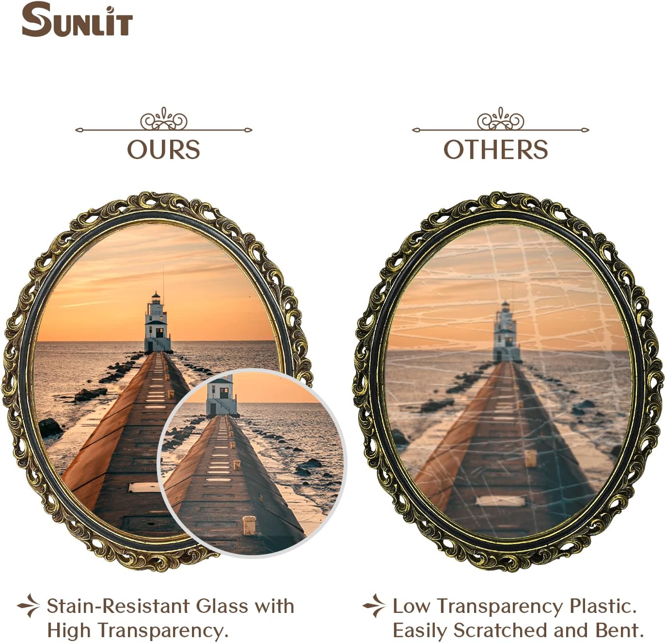 Sunlit Vintage Picture Frame 8x10 Inch, Oval Antique Photo Frames with Glass Front, Luxury Photo Display, Tabletop Wall Hanging, Gift Ideas, Golden Brown