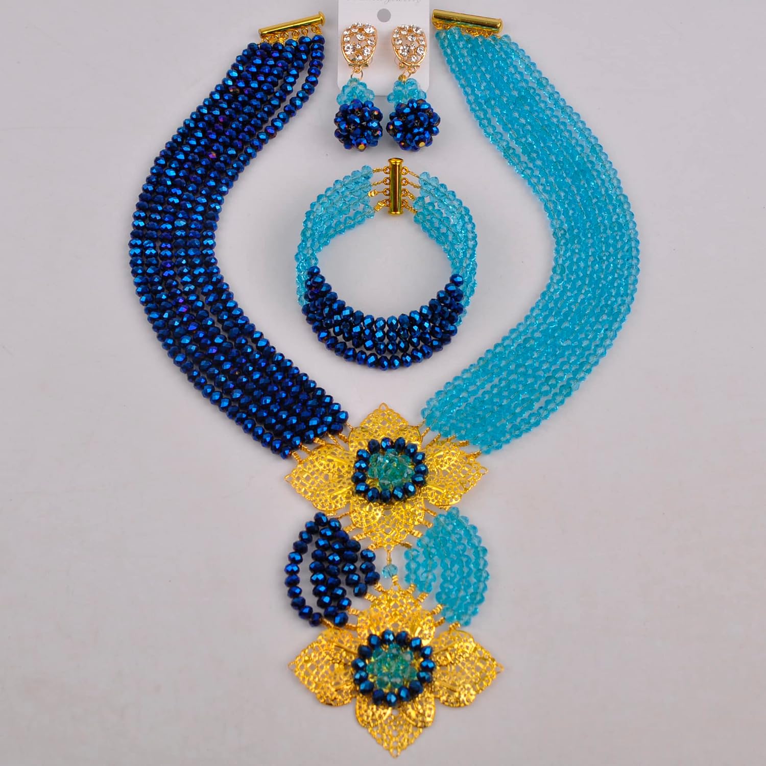 Fashion African Bead Necklace Nigerian Beads Wedding Jewelry Sets for Women (Blue Plated Lake Blue)