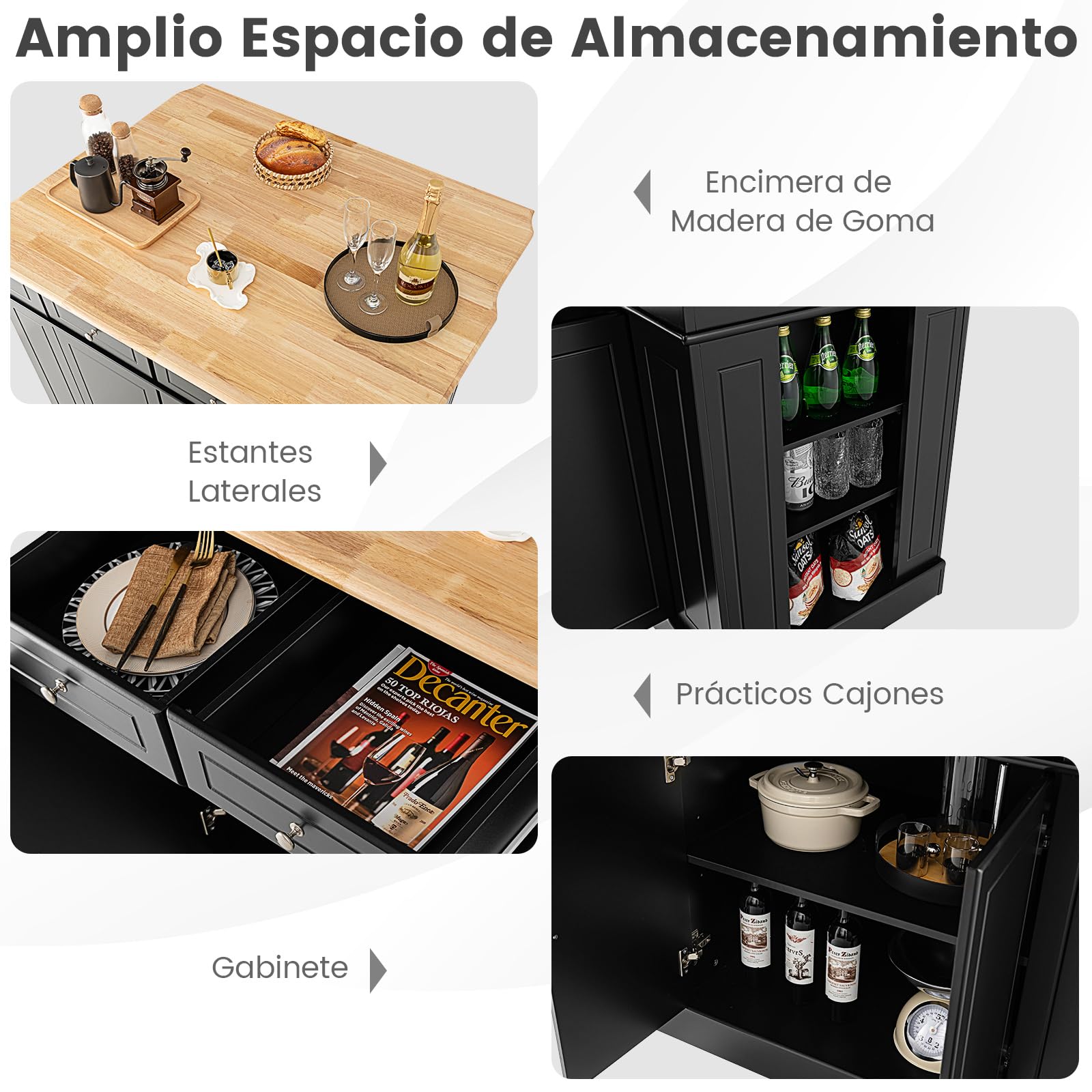 COSTWAY Isla de Cocina con Almacenamiento con Encimera de Madera, Cajones, Estantes Laterales y 2 Puertas, Carrito de Cocina con Estantes Ajustables de 3 Niveles (Negro)
