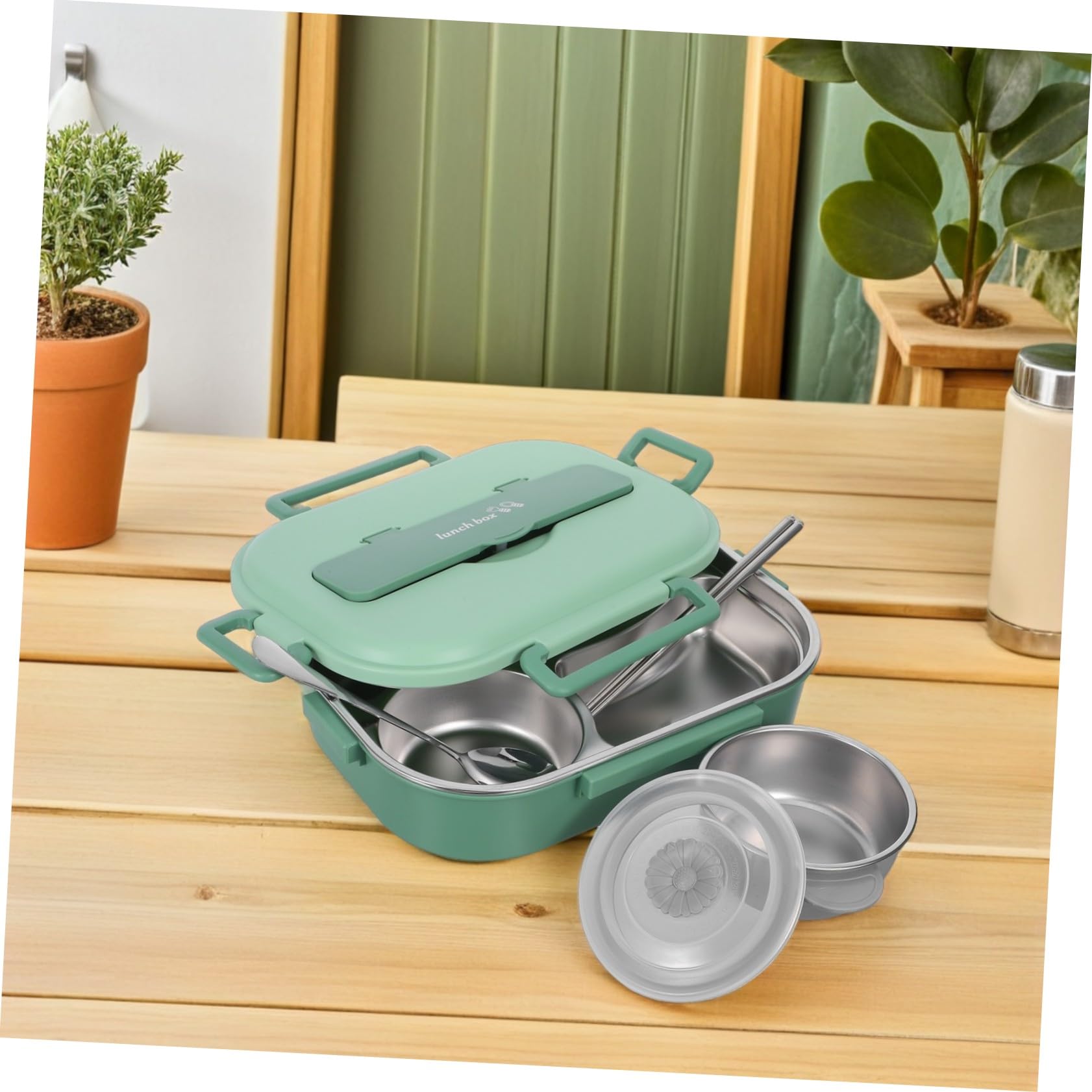 Fiambrera Acero Inoxidable Infantil 1500ml Verde con 4 Compartimentos | Taper de Acero Inoxidable con Tapa, Caja de Refrigerio Bento, Bento Box, Loncheras para Decoracion Colegio