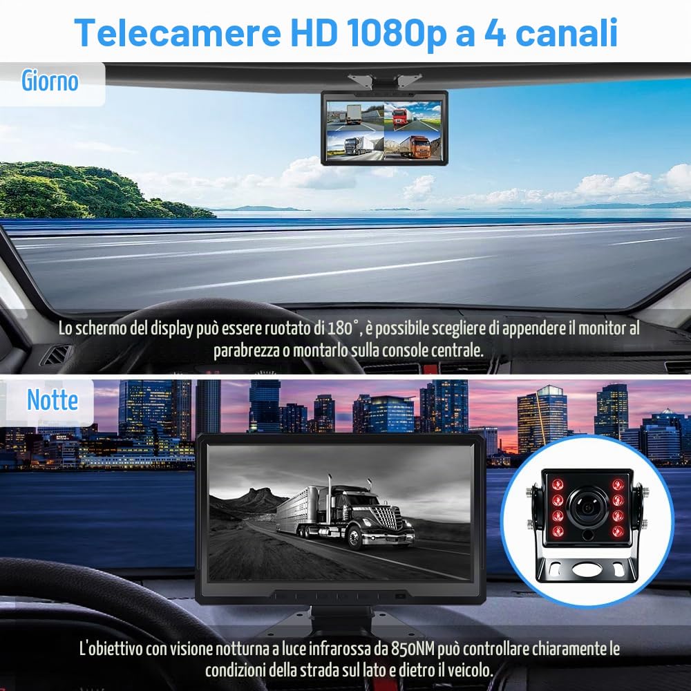 VSYSTO 4CH HD 1080P Camion Dash Cam, 10.1 '' Monitor Veicolo Backup Camera per Semi Trailer Van Trattore RV, Front & Sides & Rear Cam, GPS, Lente di Visione Notturna Infrarossa, Sensore di Temperatura