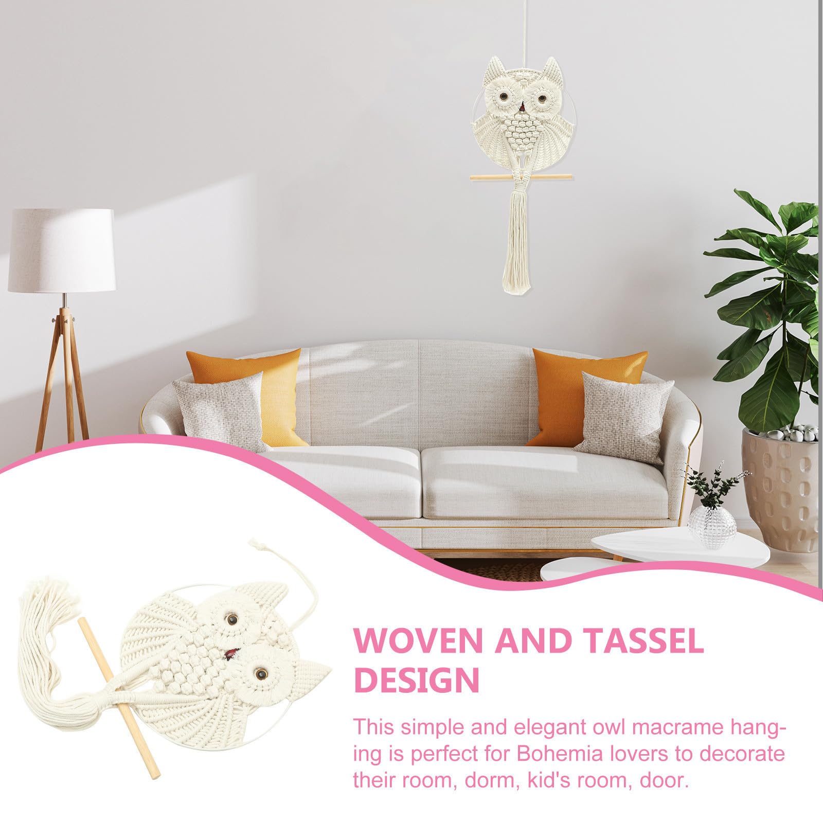 Boho Eule Makramee Wandbehang Tapisserie Handgemachte Baumwolle Seil Wanddekoration mit Quaste Anhänger, Leichter Stahl und Holzrahmen, für Wohnheim oder Raumdekoration
