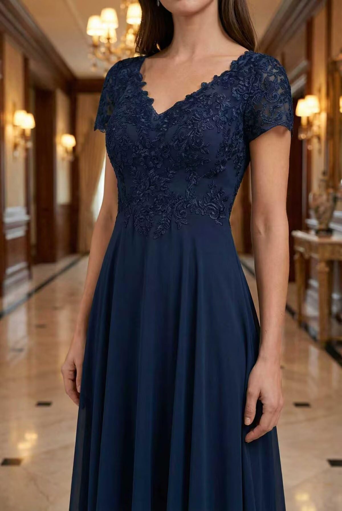 Brautmutterkleider für Hochzeit Elegant – Chiffon V-Ausschnitt A-Linie mit Spitze Lang Abendkleid