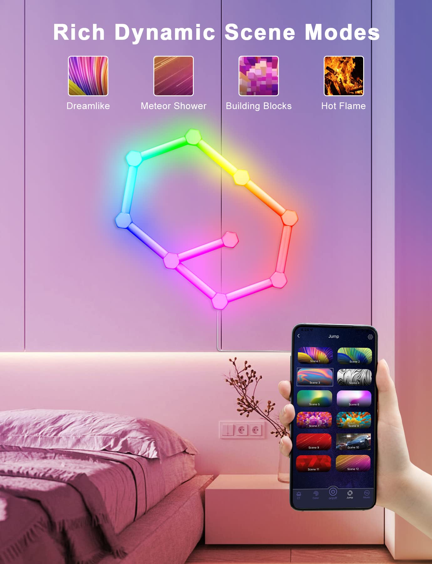 LED Hexagon Light Panels, Wi-Fi RGB Lichtpanels Wandleuchten mit DIY Deko, Musik Sync, App-Steuerung, Funktioniert mit Alexa Google Assistant für Wohnzimmer,Gaming Zimmer, 9+9 LED Panels