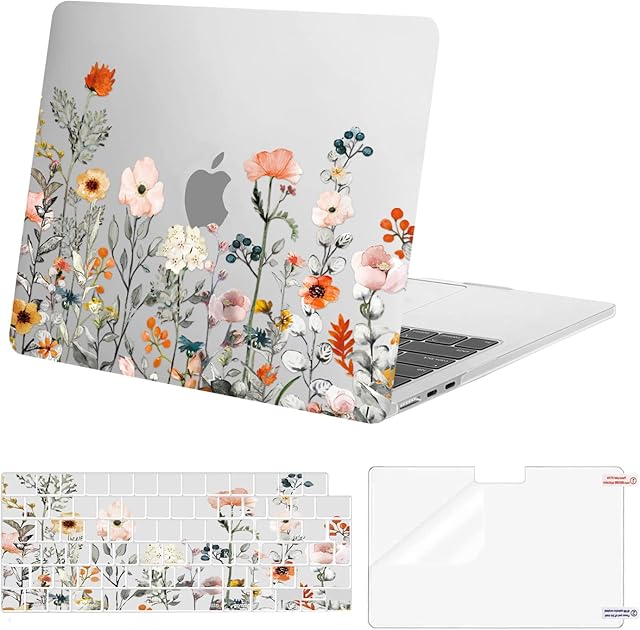 MOSISO Compatible with MacBook Air 13.6 inch Case 2023 2022 A2681 M2 Chip with Liquid Retina Display Touch ID, Plastic Garden Flowers Hard Shell Case&Keyboard Cover&Screen Protector, Transparent