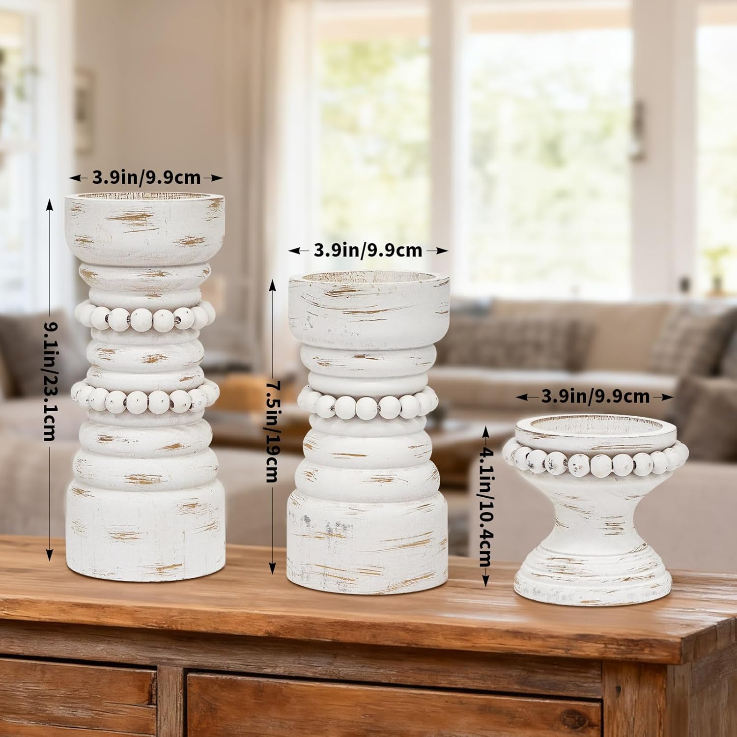 MODE HOME Rustic White Wood Candle Holders Set of 3, Farmhouse Beaded Wood Pillar Candle Holder, Candle Holders for Pillar Candles & Candlesticks, Candle Sticks Holder Decor for Table Centerpiece