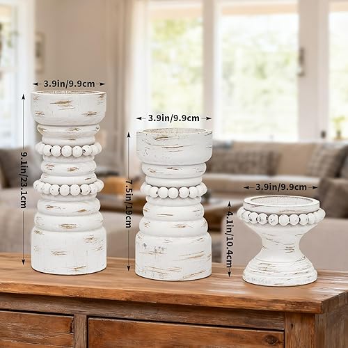 Miniatura 6 de MODE HOME Juego de 3 portavelas de madera rústica, portavelas de pilar de madera con cuentas de granja, portavelas para velas de pilar y