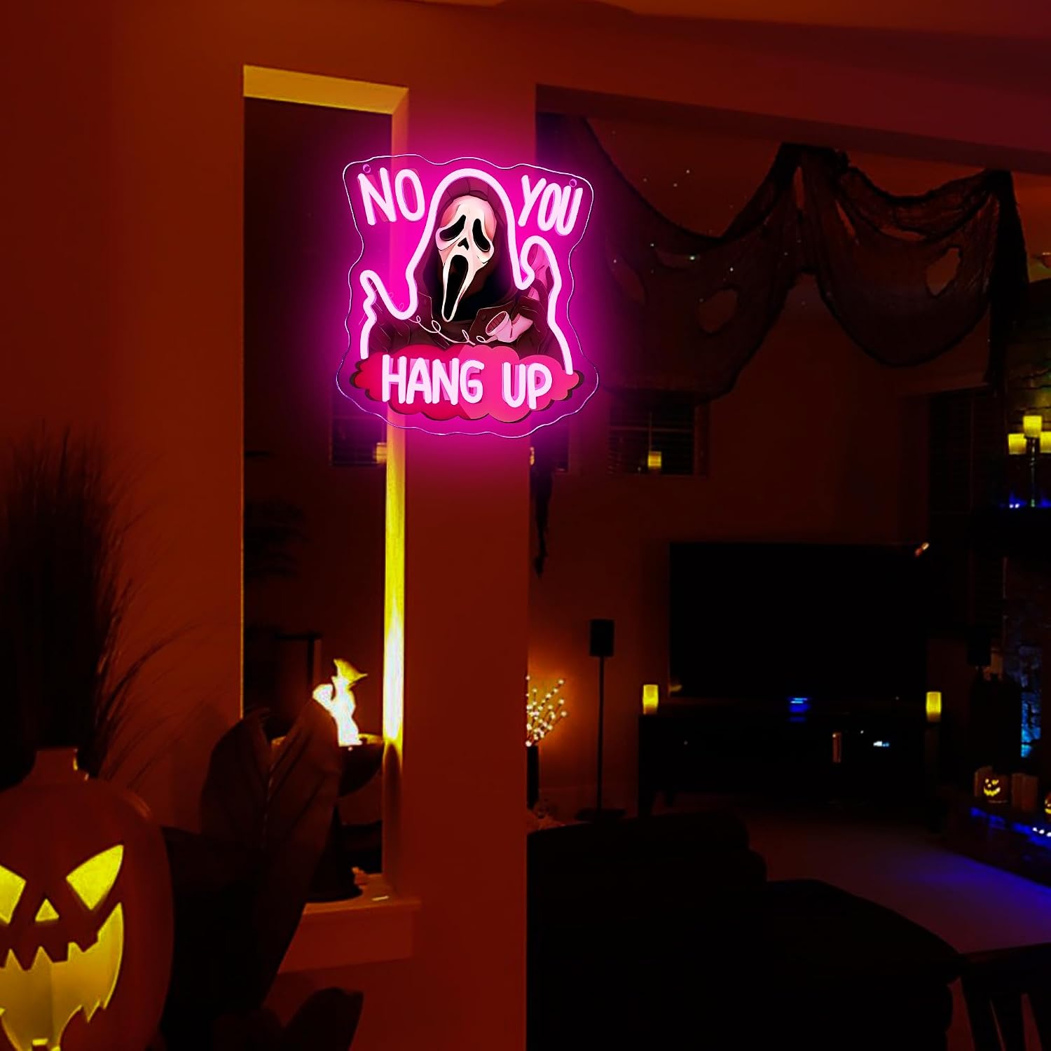 Symone No You Hang Up Halloween Ghostface Mask Neon Sign, Halloween Skull Neon Light USB Powered, for Halloween Party Spooky Decor Neon Horror Decor Horror Movie Sign Halloween Gifts(11.8 * 11.6 In) image 5