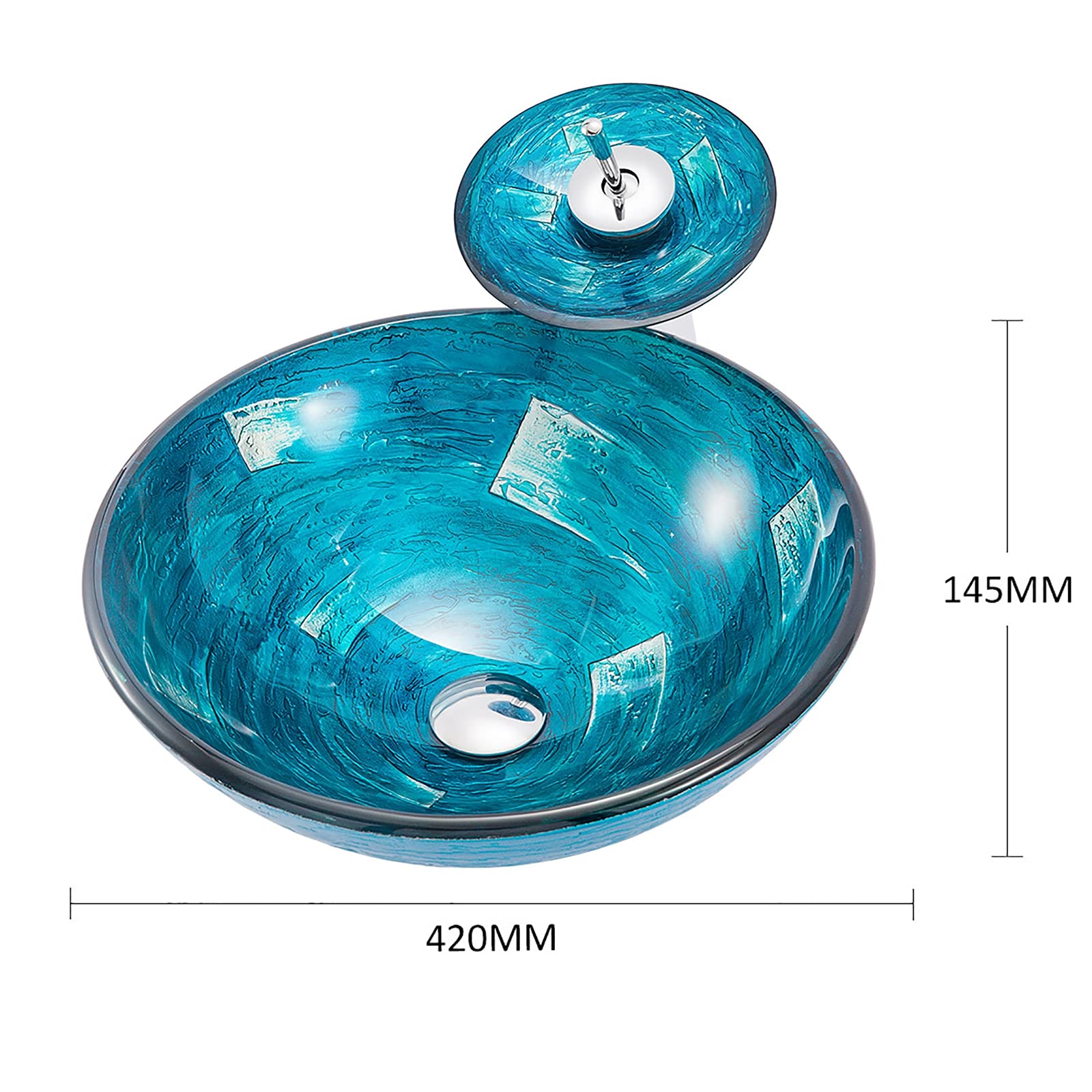 Lavandino da appoggio per Il Bagno, lavabo da appoggio Rotondo in Vetro temperato, lavabo da appoggio Blu, lavabo da appoggio Artistico con Scarico a Scomparsa