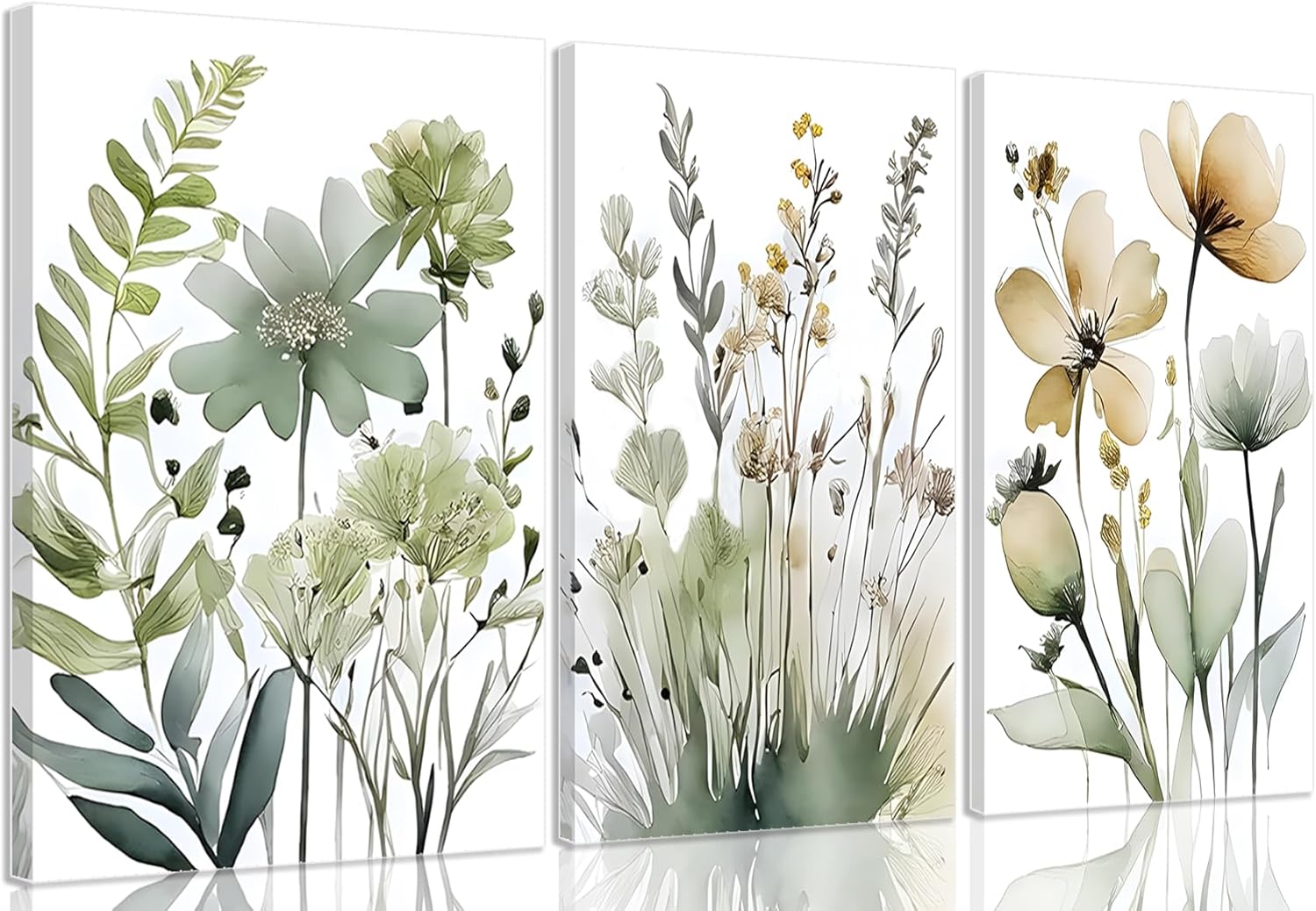 Framed Sage Green Botanical Canvas Wall Art Set of 3 Boho Floral Wall Decor Paintings Minimalist Flower Posters Prints Pictures for Bedroom Bathroom Living Room Home Decor 16x24 Inch