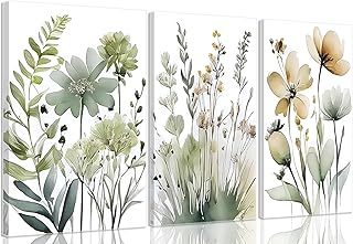 Framed Sage Green Botanical Wall Art Set of 3 Boho Floral Canvas Wall De...