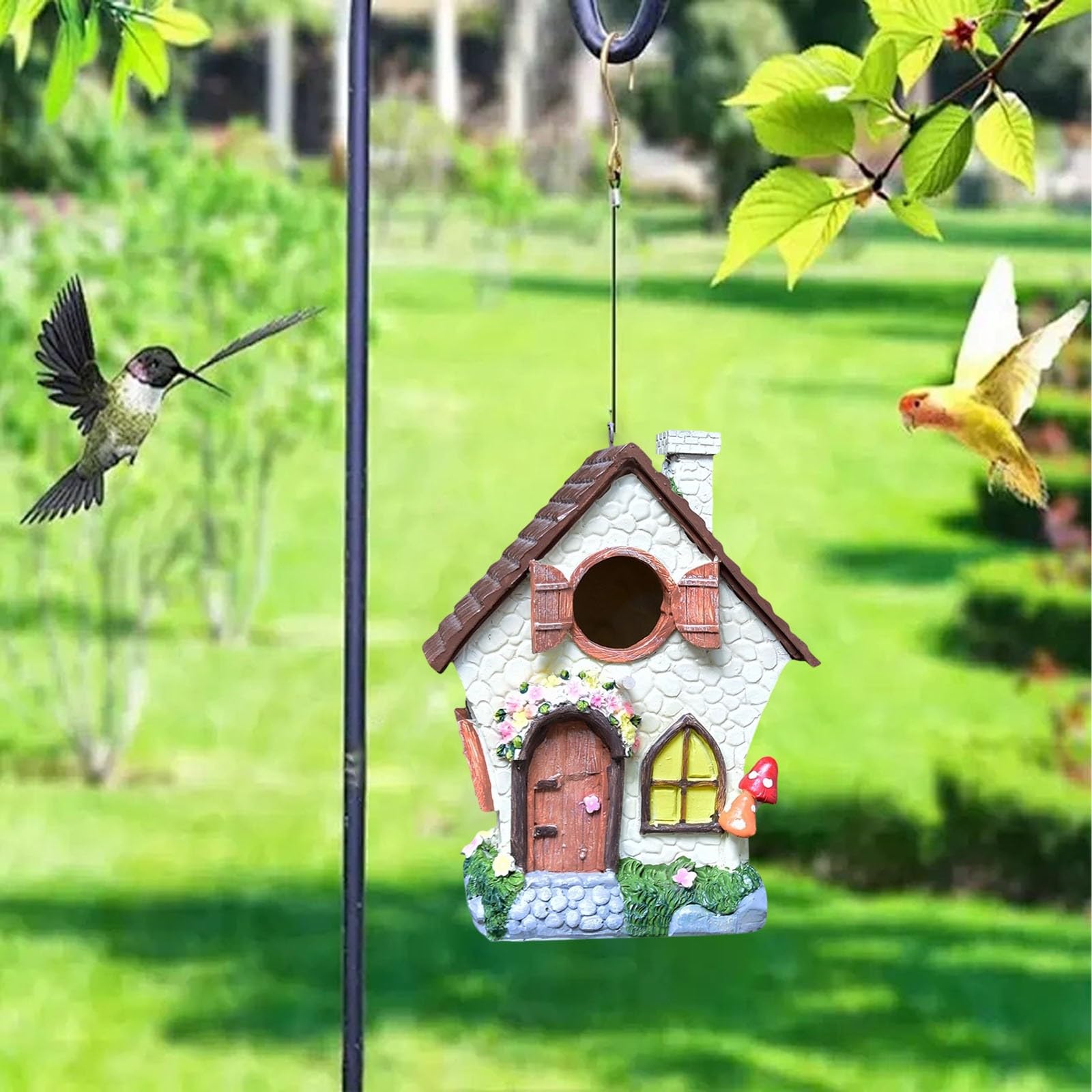 Casetta per uccelli da appendere, impermeabile, resistente, in resina, con catena, per uccelli blu, passeri, fringuelli, cardinali, cince, all'aperto, giardino, cortile, regalo