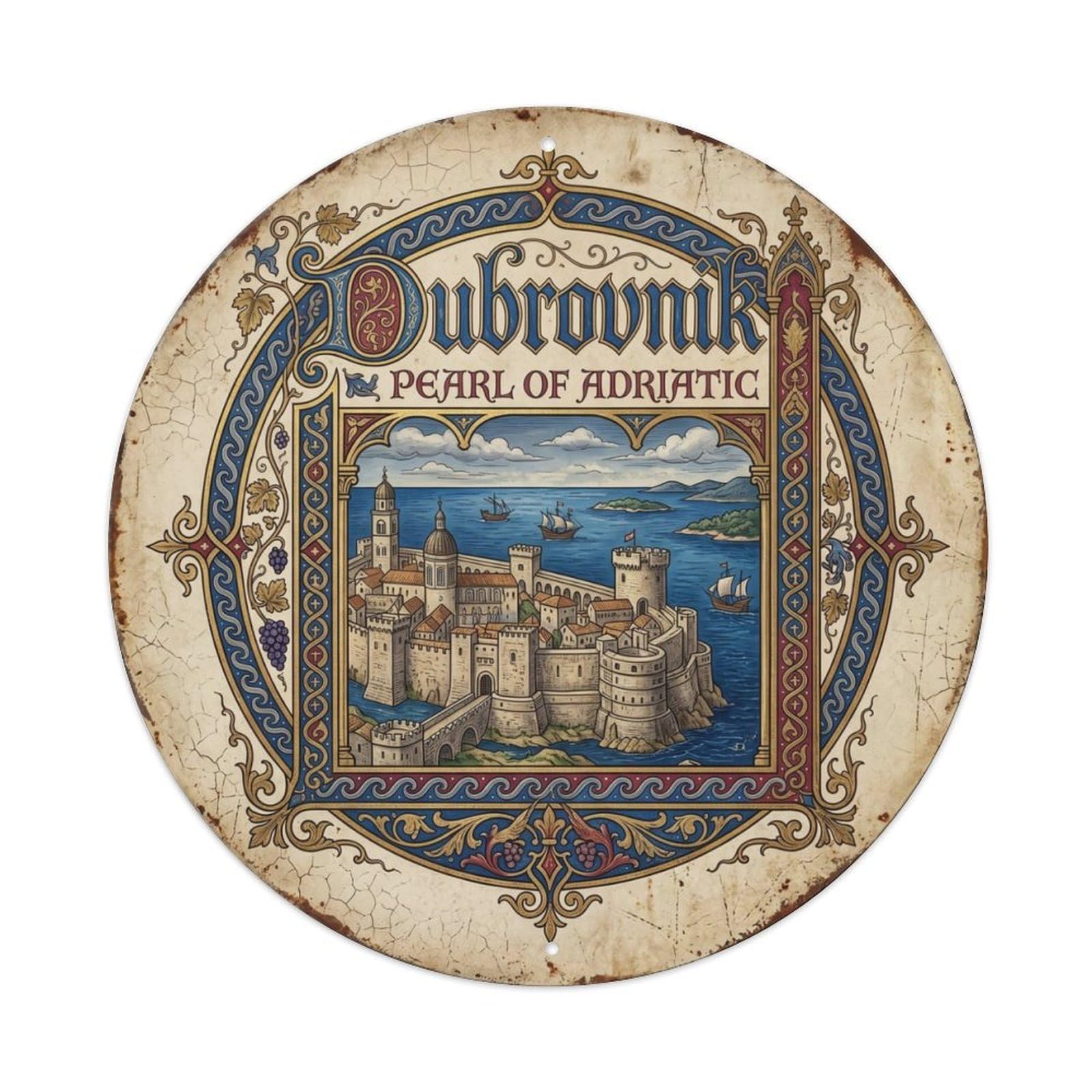 Vintage Travel Dubrovnik Croatia Walls Metal Tin Sign Plaque Wall Decor for Cafe, Club, Garden Round Metal Poster 8x8Inch