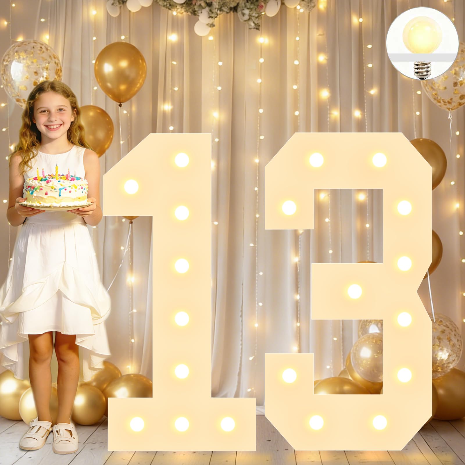 4FT Decorative Light Up Numbers for Birthday Decoration, White Marquee Number Sign for 13th Wedding Anniversary Backdrop Party Decor Big Mosaic Number Frame Foam Cardboard Pre-cut Number 13