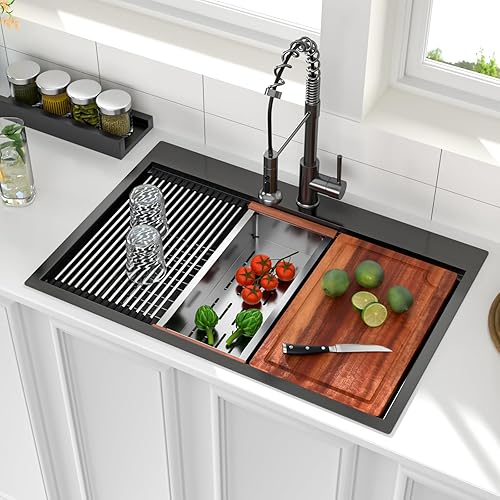 Logmey Fregadero de cocina negro de 33 x 22 pulgadas, estación de trabajo SUS304, calibre 16, acero inoxidable, cuenco individual, montaje superior,