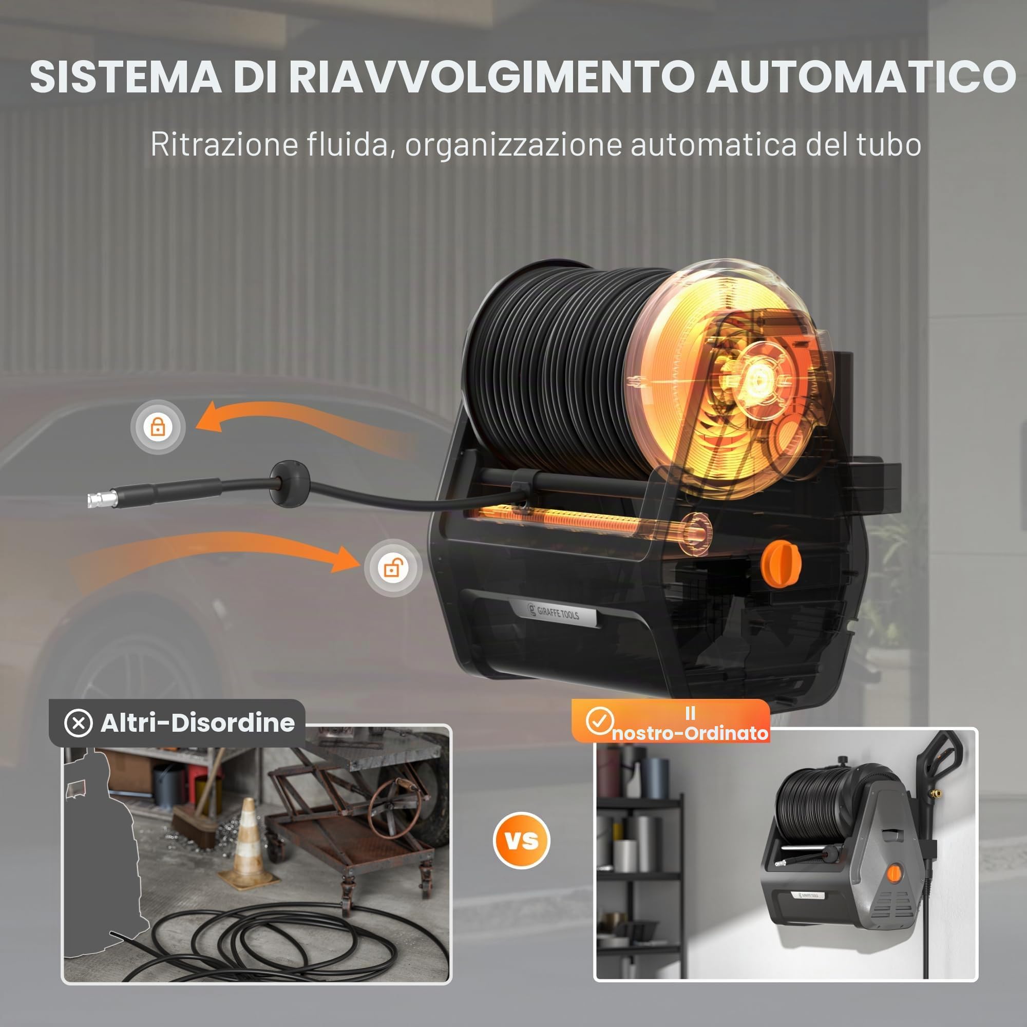Giraffe Tools Grandfalls Idropulitrice retrattile Essential, max 16,5 Mpa 2,0 GPM, idropulitrice elettrica da parete con tubo ad alta pressione da 30 m, cannone a schiuma da 500 ml, nero